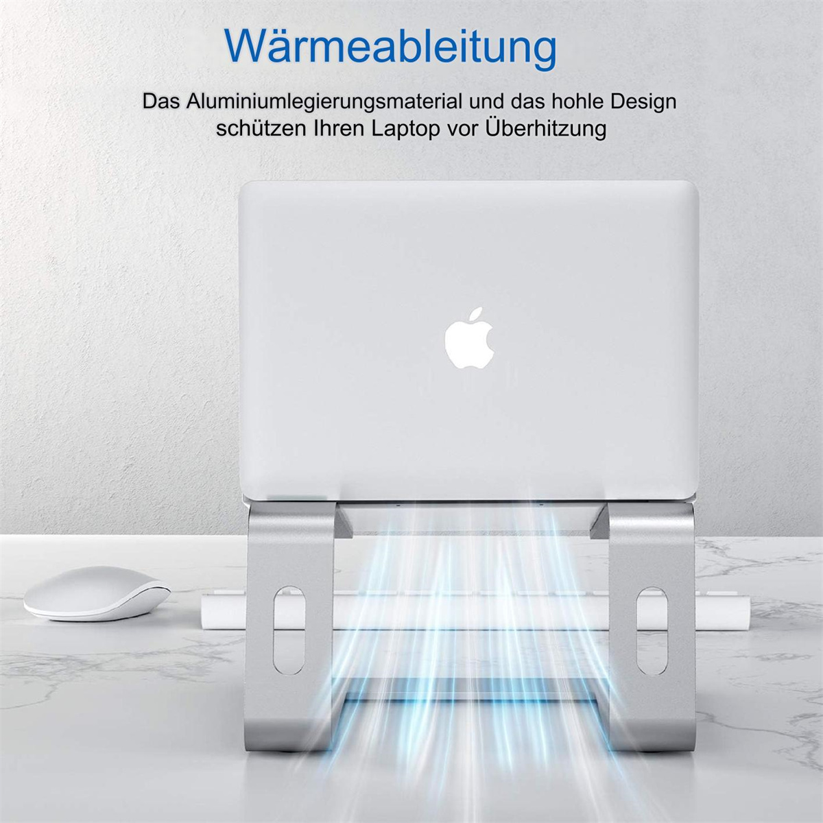 Laptop auf silbernem Ständer, mit Maus. Text: WÄRMEABLEITUNG