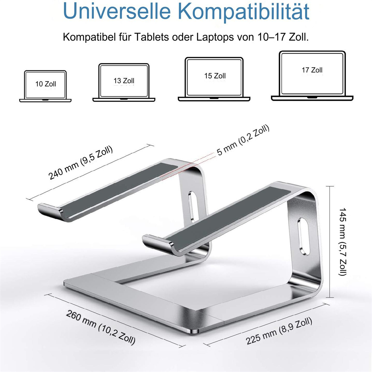 Ein silberner Laptop-Ständer mit Abmessungen und Beschriftungen für verschiedene Laptop-Größen.