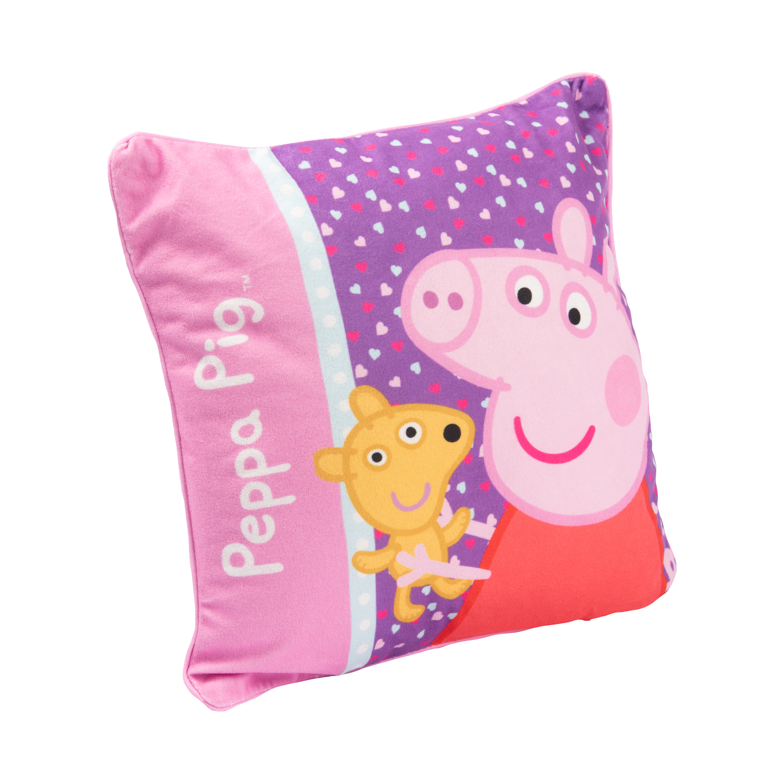 Ein Peppa Wutz Kissen mit Peppa, einem Teddybär und lila und rosa Farben, isoliert.