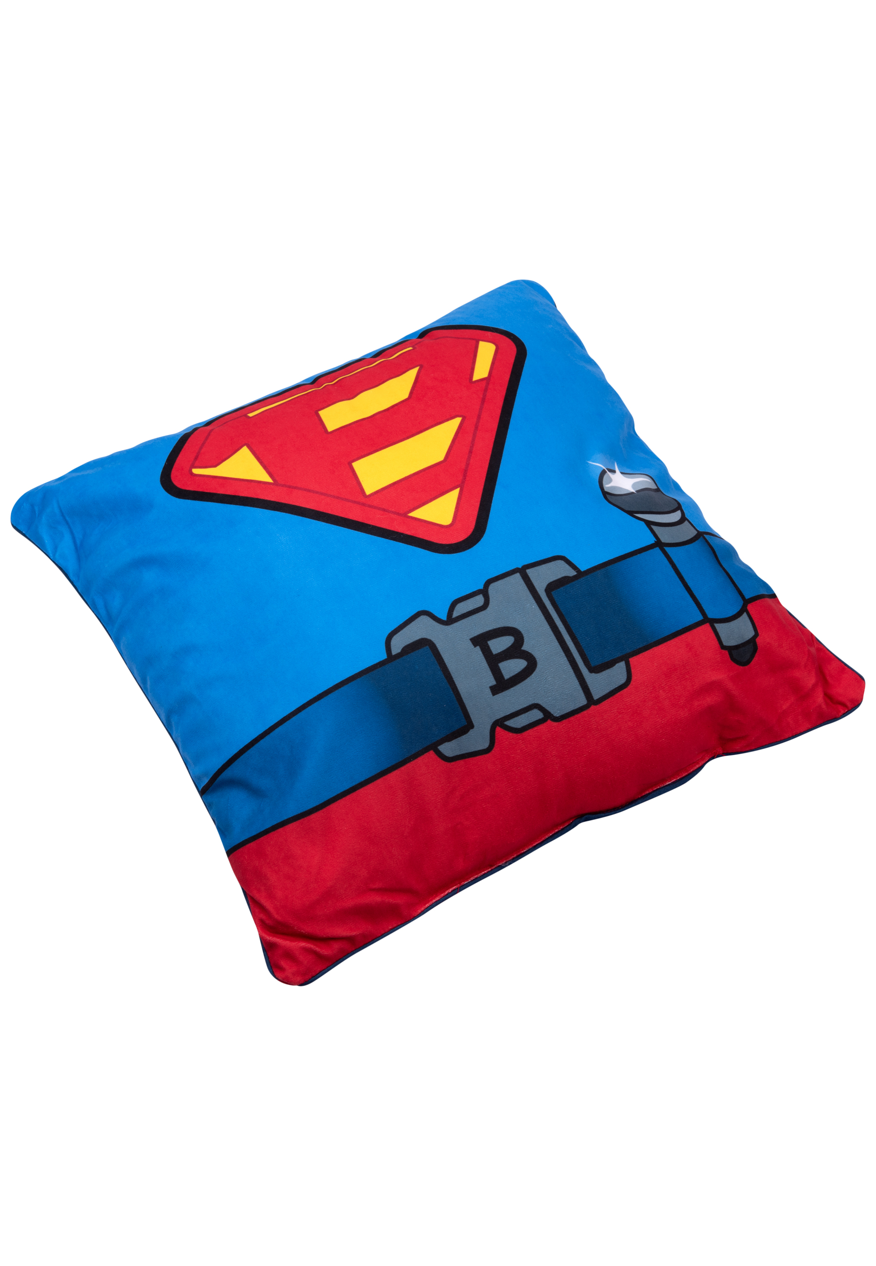 Blaues Superman-Kissen mit Gürtel-Design. Es hat ein rotes und blaues Design.