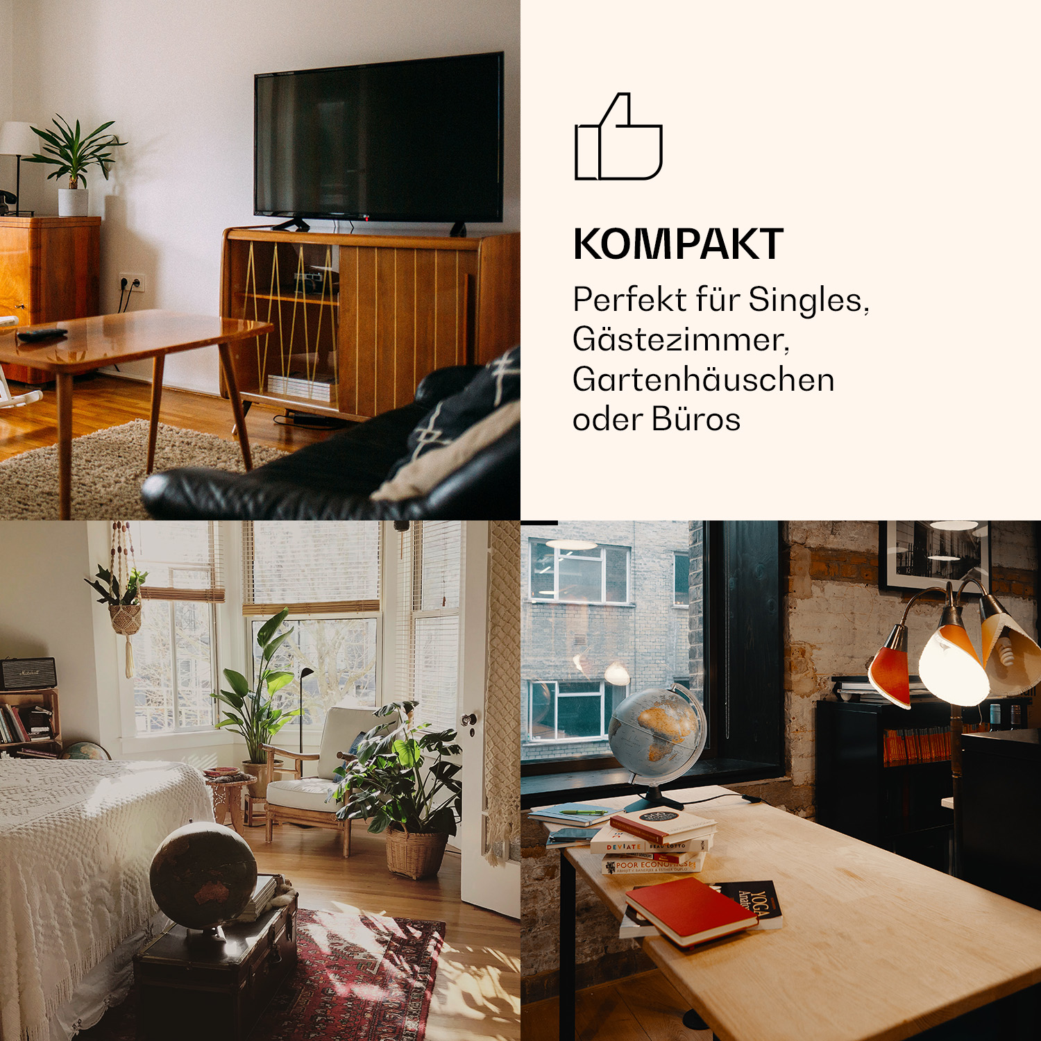 Innenaufnahmen von Wohnräumen mit dem Text 'KOMPAKT'. Zeigt Wohnzimmer, Schlafzimmer und Bürobereiche.