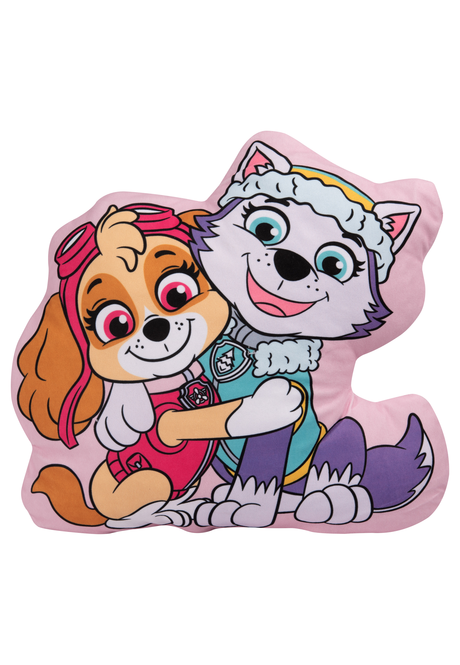 Zwei Zeichentrickfiguren, die sich auf einem rosa Kissen umarmen. Skye und Everest von PAW Patrol.