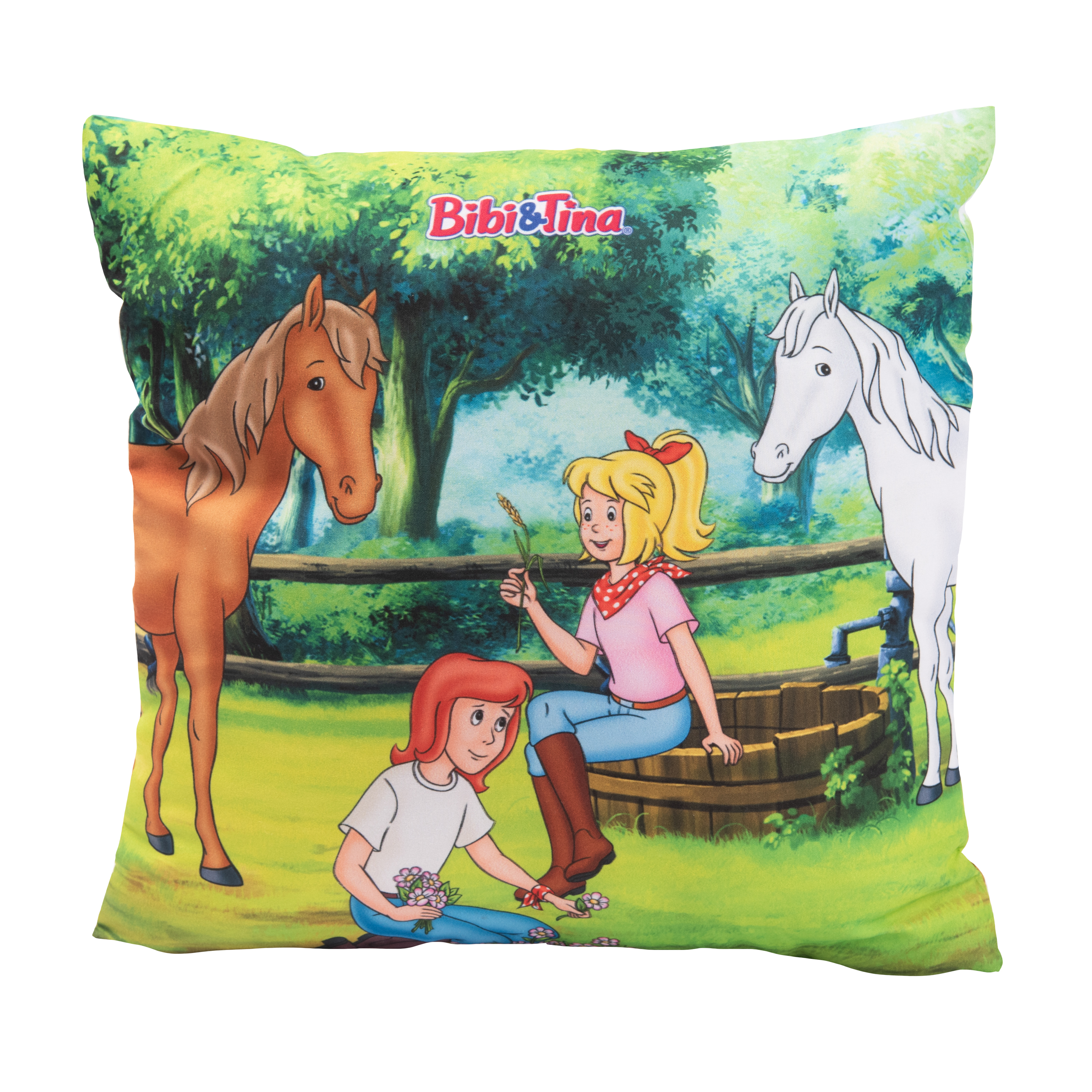 Kissen mit Cartoon-Pferden und Mädchen. Szene in einem Wald mit Pferden und zwei Mädchen.