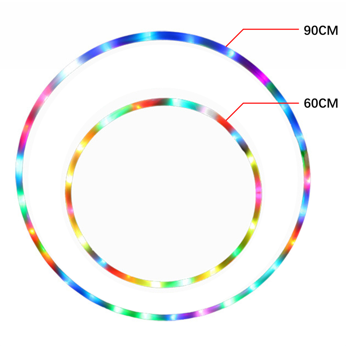 Zwei leuchtende LED-Reifen, einer 90 cm und der andere 60 cm, mit verschiedenen Farben.