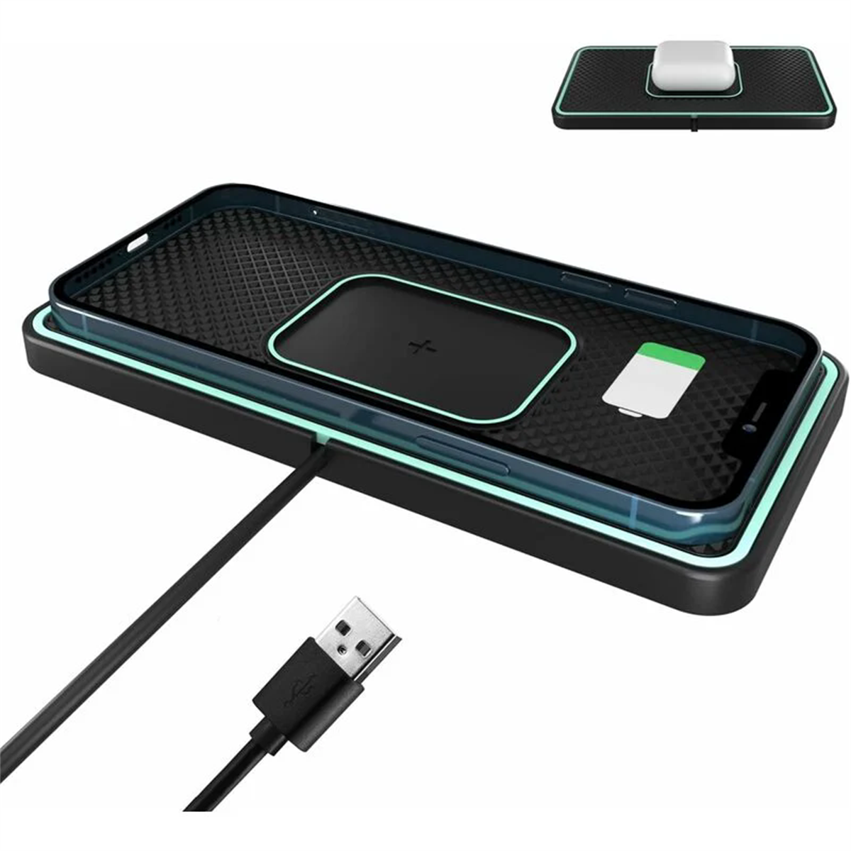 Kabelloses Ladegerät mit Telefon, Lade-Pod. Schwarz und grün, mit USB-Kabel.