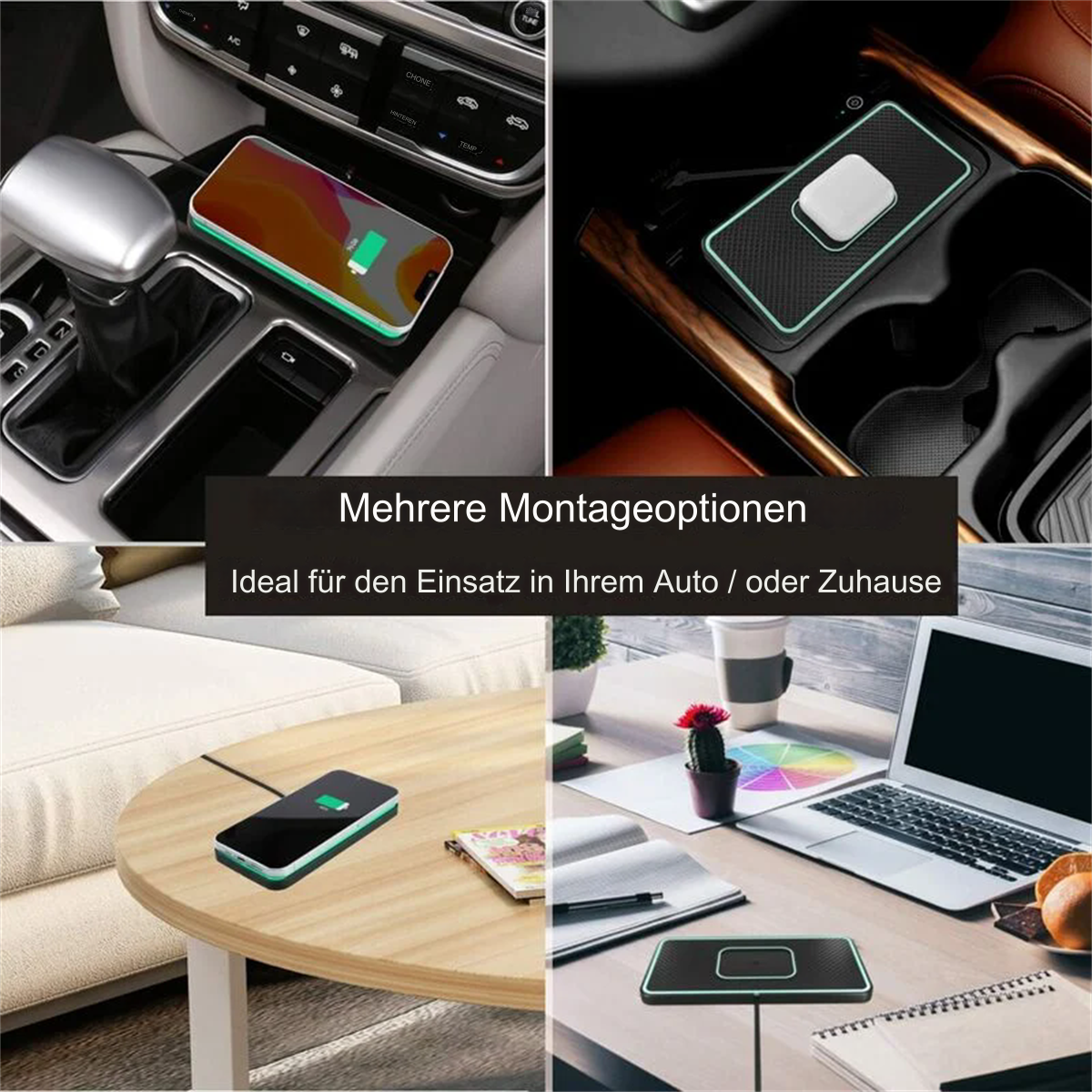 Collage mit kabellosen Ladegeräten in verschiedenen Umgebungen: Auto, Schreibtisch und Tisch. Telefone laden. Produktwerbung.