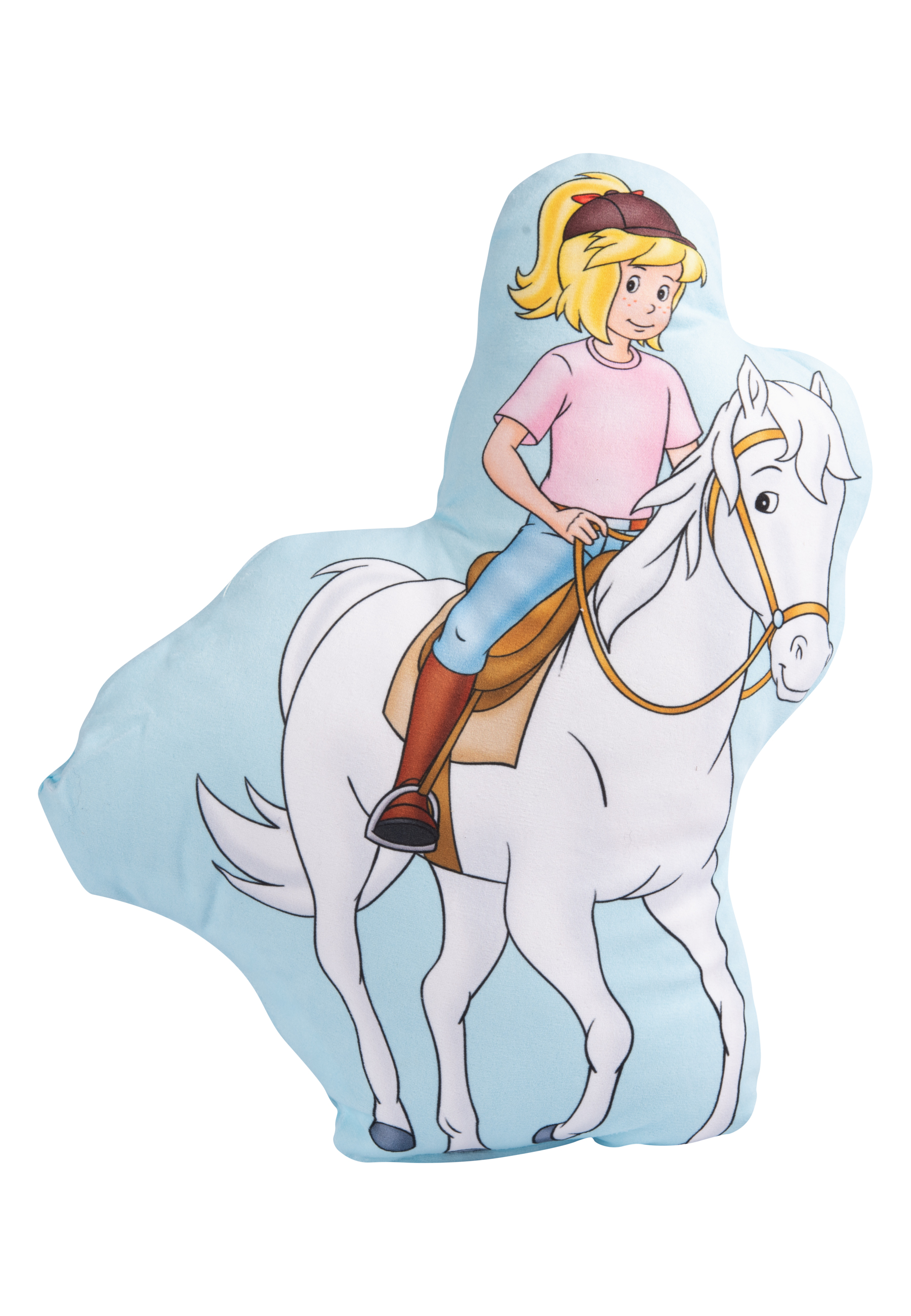 Ein Mädchen auf einem weißen Pferd auf einem hellblauen Kissen, Cartoonstil.