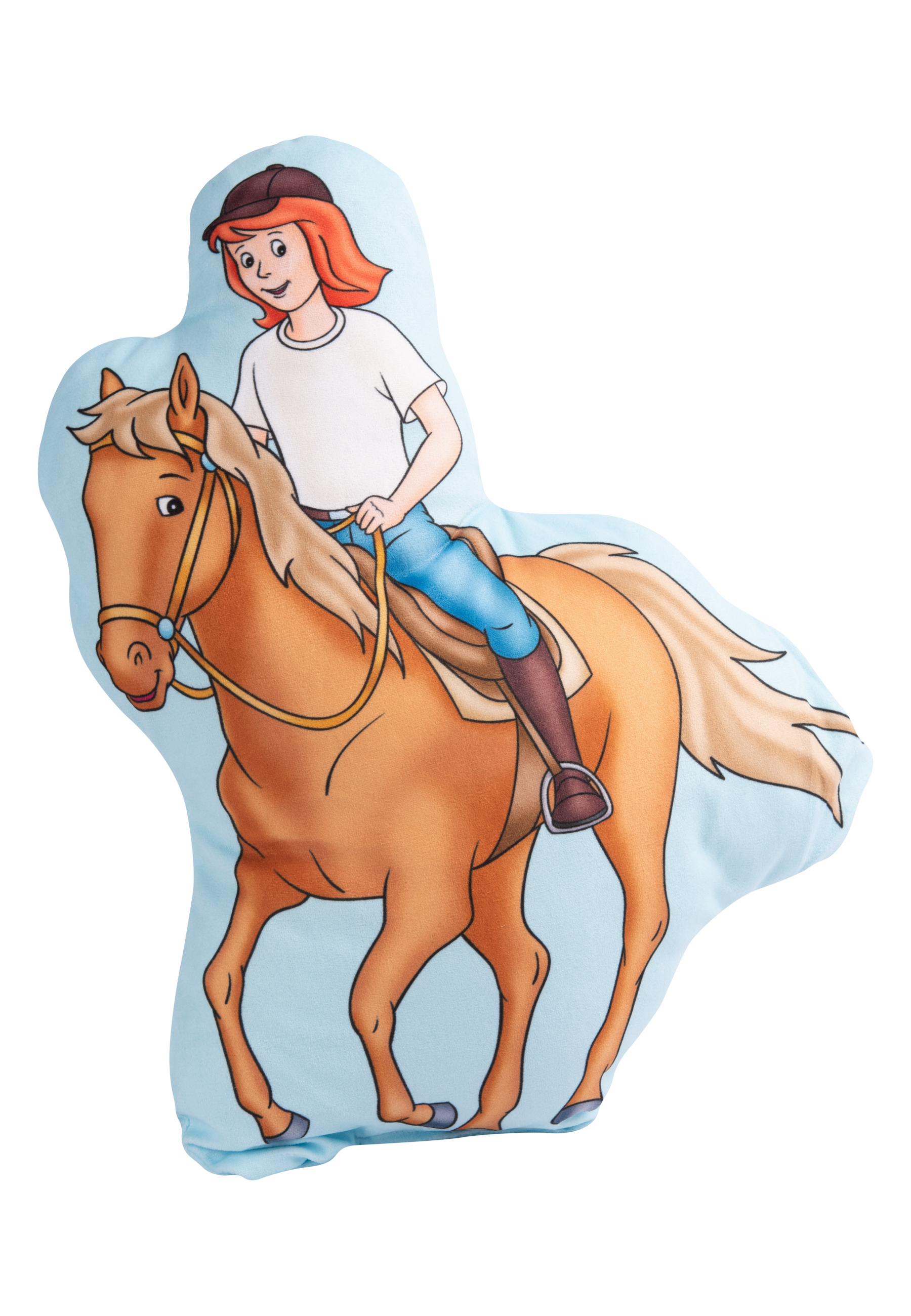 Kissen in Form eines Pferdes und Reiters. Der Reiter ist ein Cartoon-Mädchen.