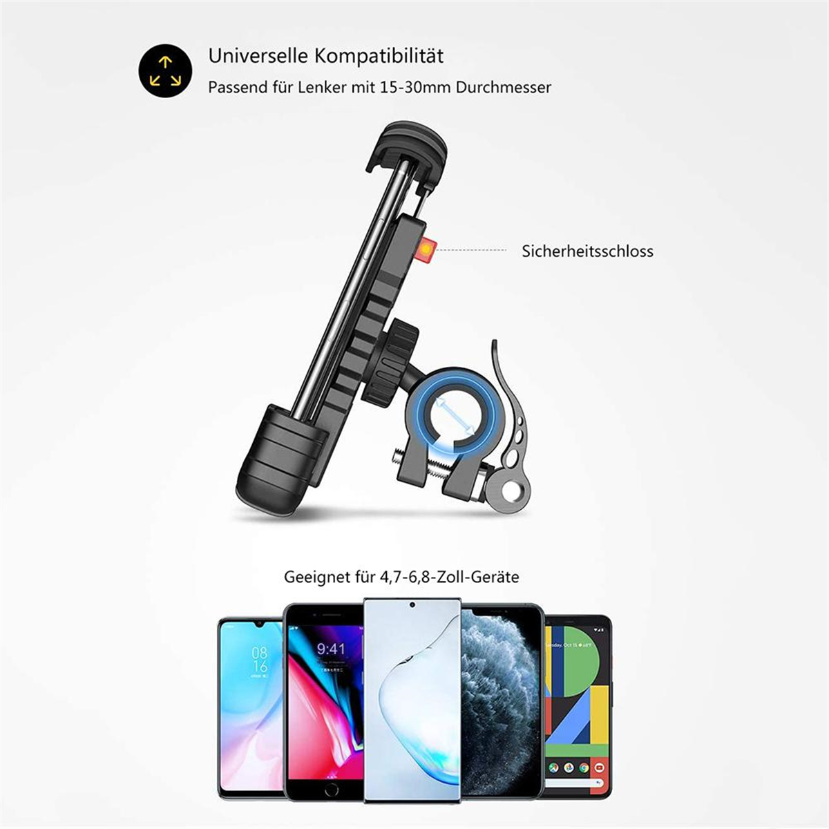 Ein schwarzer Telefonhalter für ein Fahrrad, mit Telefonen im Hintergrund.