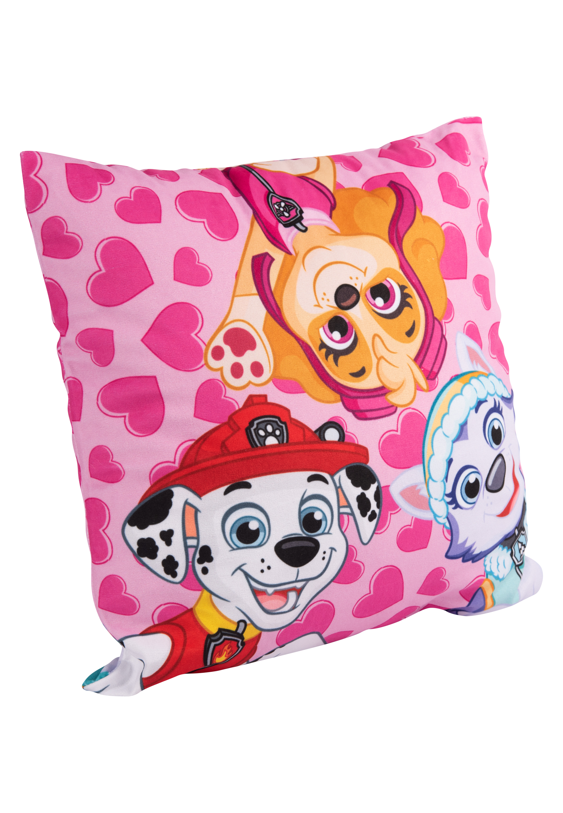 Ein rosa Kissen mit Paw Patrol-Charakteren darauf.