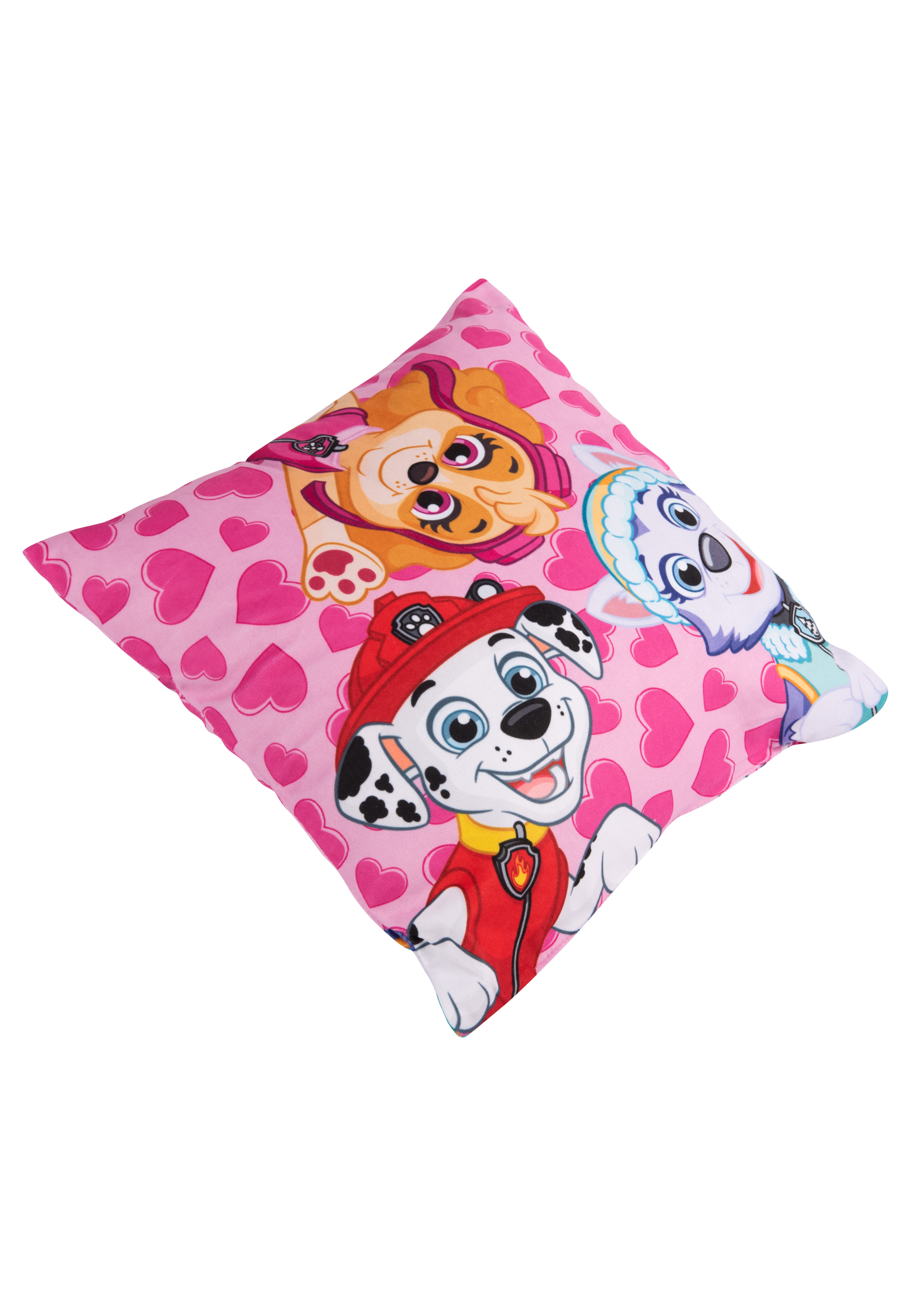 Ein rosa Kissen mit Herzen und Zeichentrickhunden, mit Marshall von Paw Patrol.