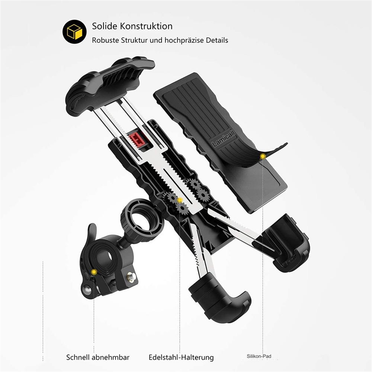 Zerlegbare schwarze und silberne Fahrrad-Telefonhalterung. Zeigt verschiedene Teile und Komponenten.