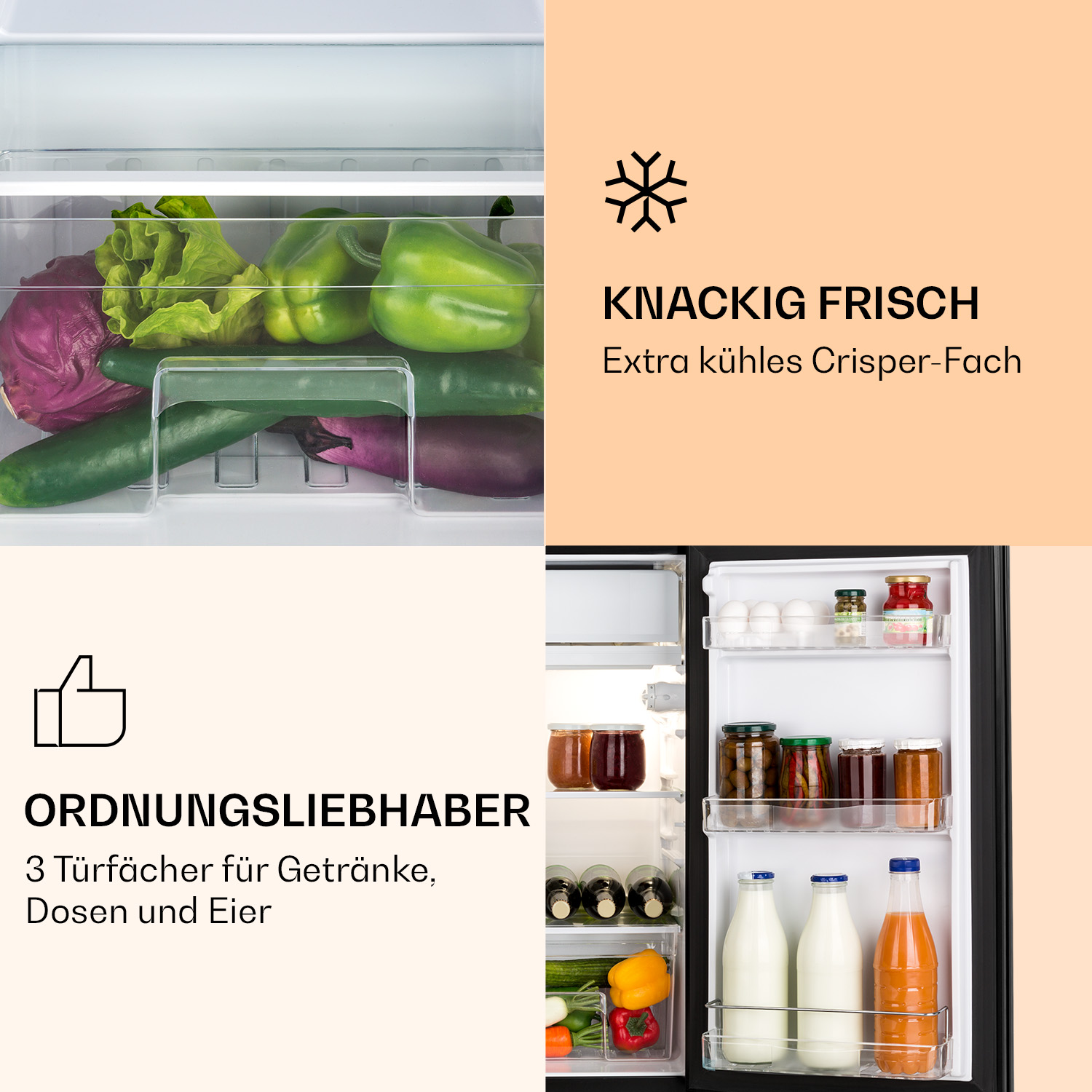 In einem Kühlschrank. Gemüse und Getränke sind sichtbar. Text über Frische.