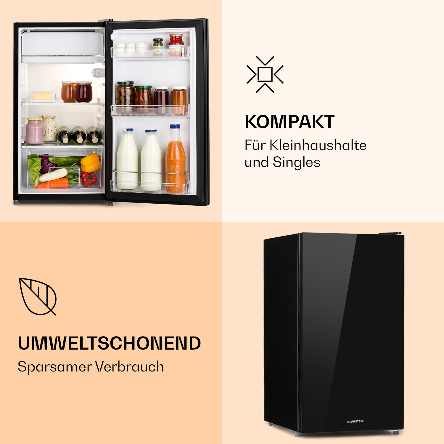 Ein schwarzer Mini-Kühlschrank. Er hat eine offene Tür. Im Inneren befinden sich Lebensmittel. Rechts ist die Tür geschlossen.