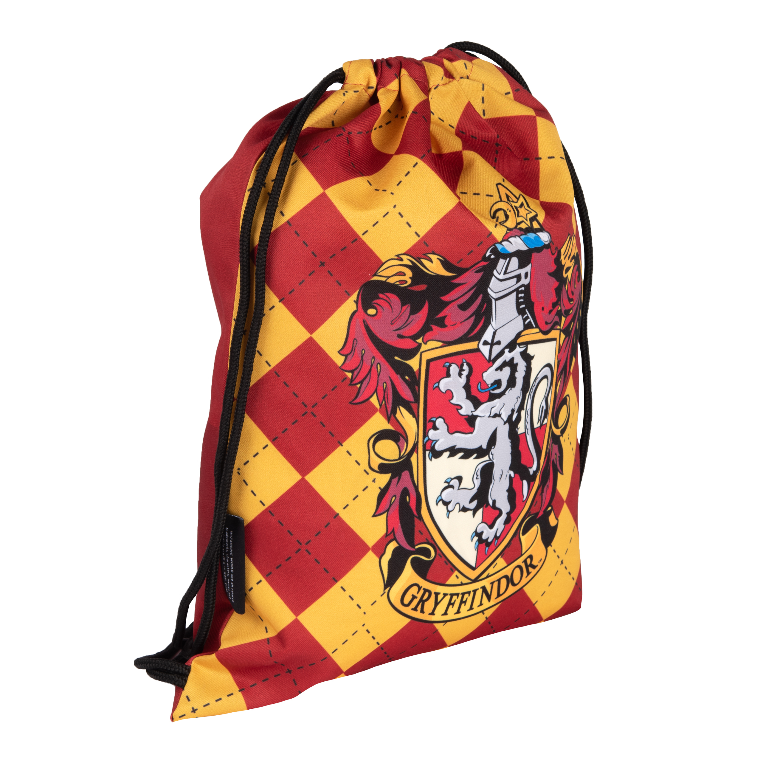 Gryffindor-Beutel, rot-gelbes Diamantmuster, Gryffindor-Wappen, schwarzer Kordelzug, weißer Hintergrund.