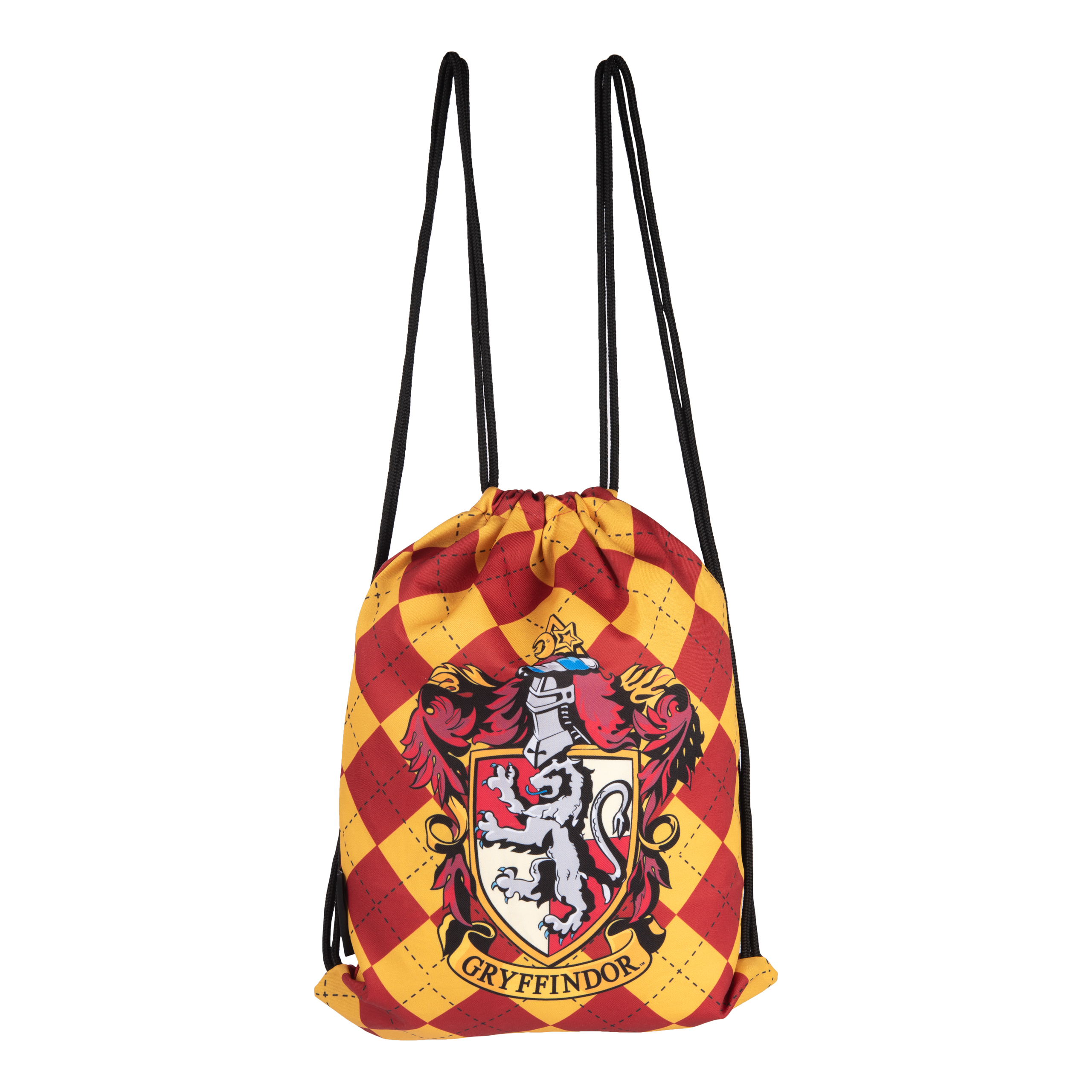 Ein rot-gelber Gryffindor-Kordelzugbeutel mit dem Gryffindor-Wappen.