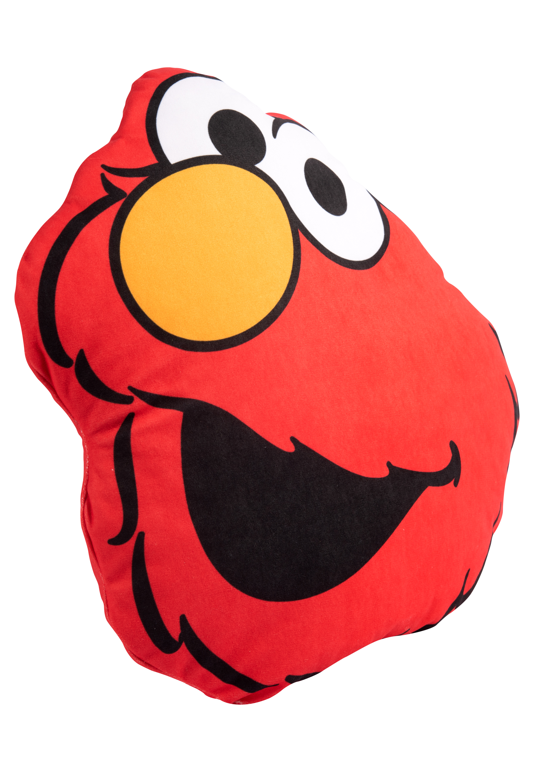 Ein rotes Elmo-Gesicht-Kissen mit schwarzen Augen, Mund und oranger Nase.