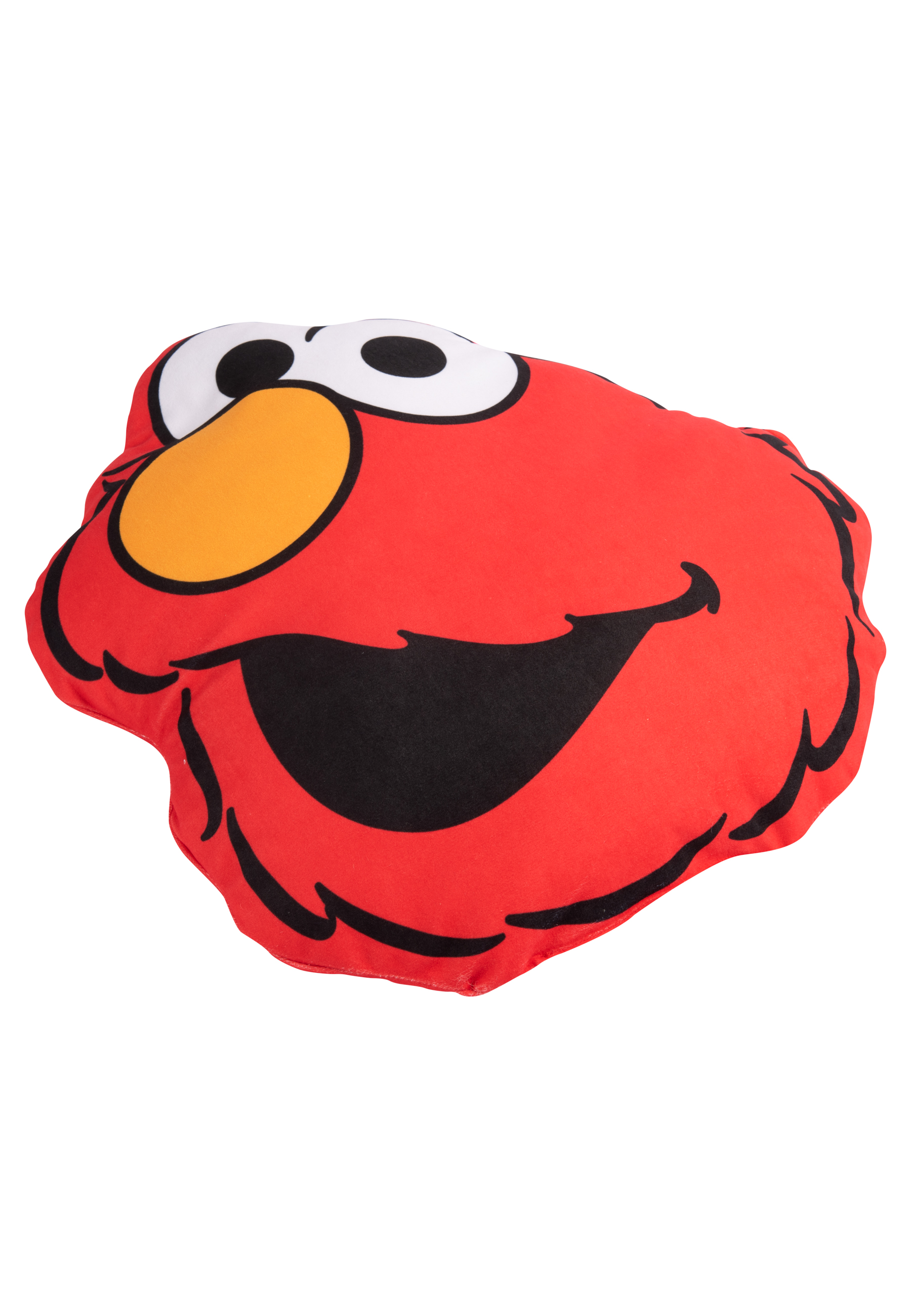Ein rotes Elmo-Gesicht-Kissen mit schwarzen Augen, Mund und oranger Nase.