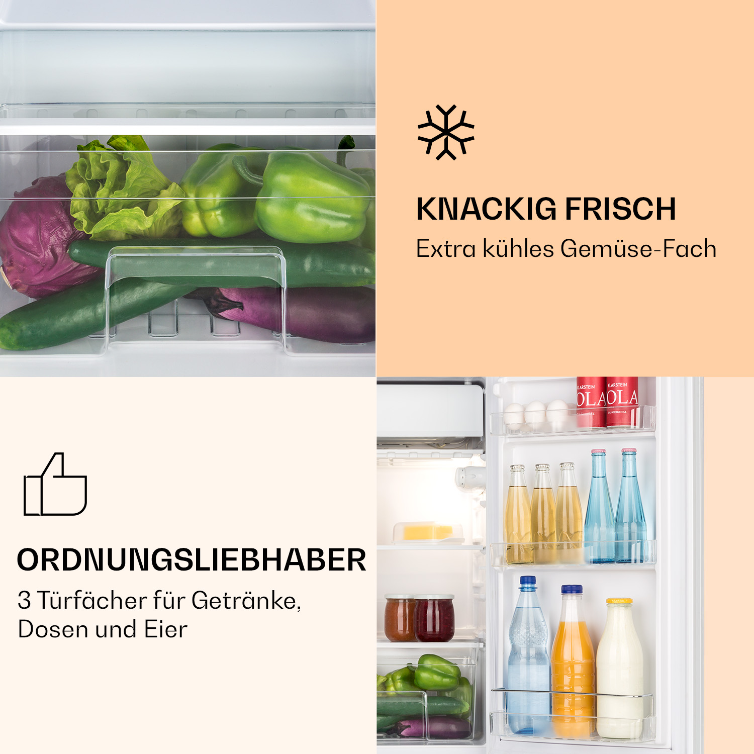 Interno del frigorifero con verdure, bevande e testo: Knackig Frisch, Ordnungsliebhaber.