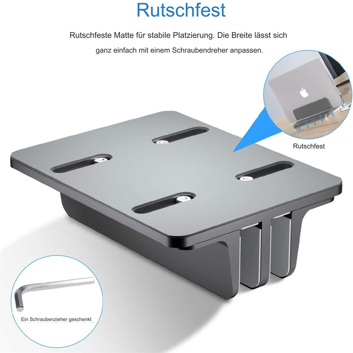 Ein silberner Laptop-Ständer mit Innensechskantschlüssel. Der Ständer ist grau, mit einem Laptop darauf.