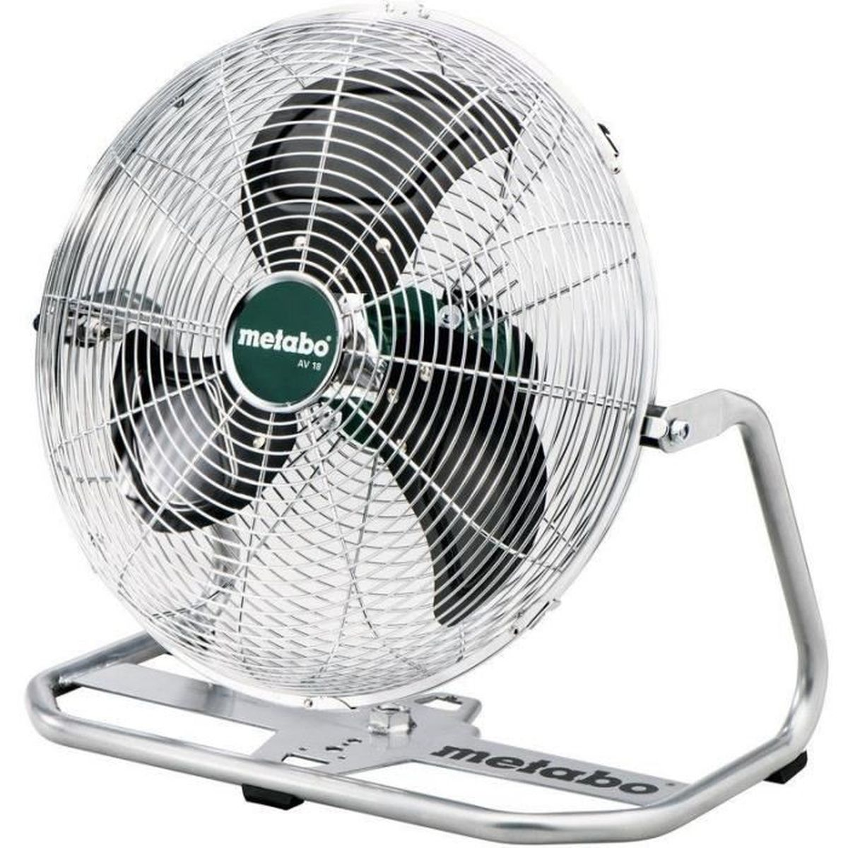 Ventilatore industriale Metabo AV 18 con gabbia argentata e dettaglio centrale verde.