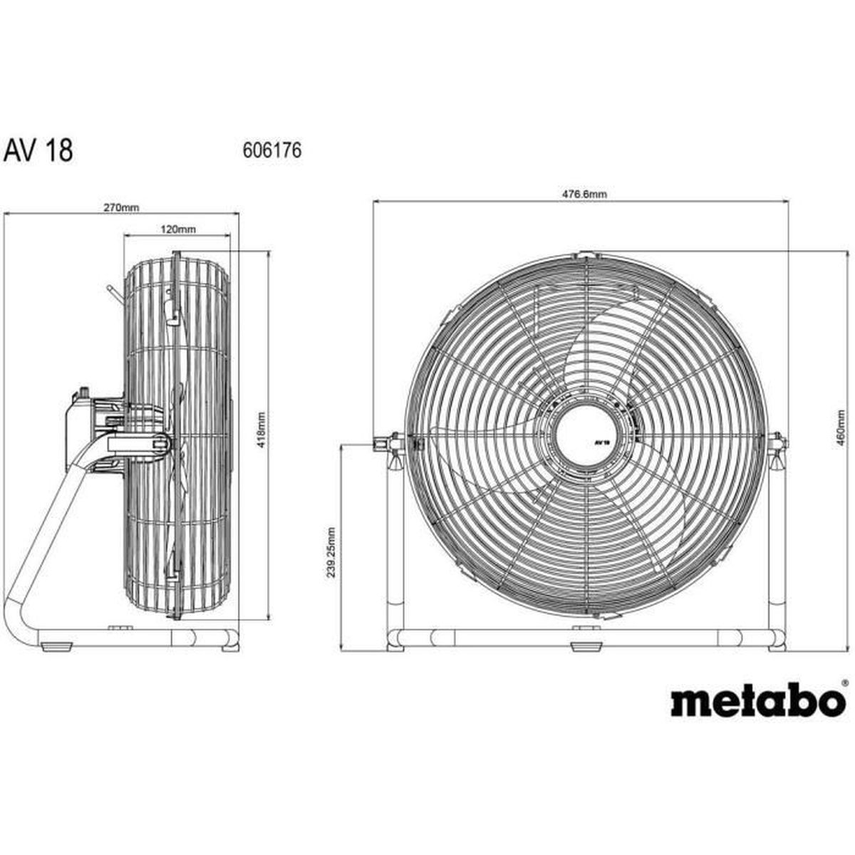 Disegno tecnico di un ventilatore. Mostra viste laterali e frontali con dimensioni in millimetri.