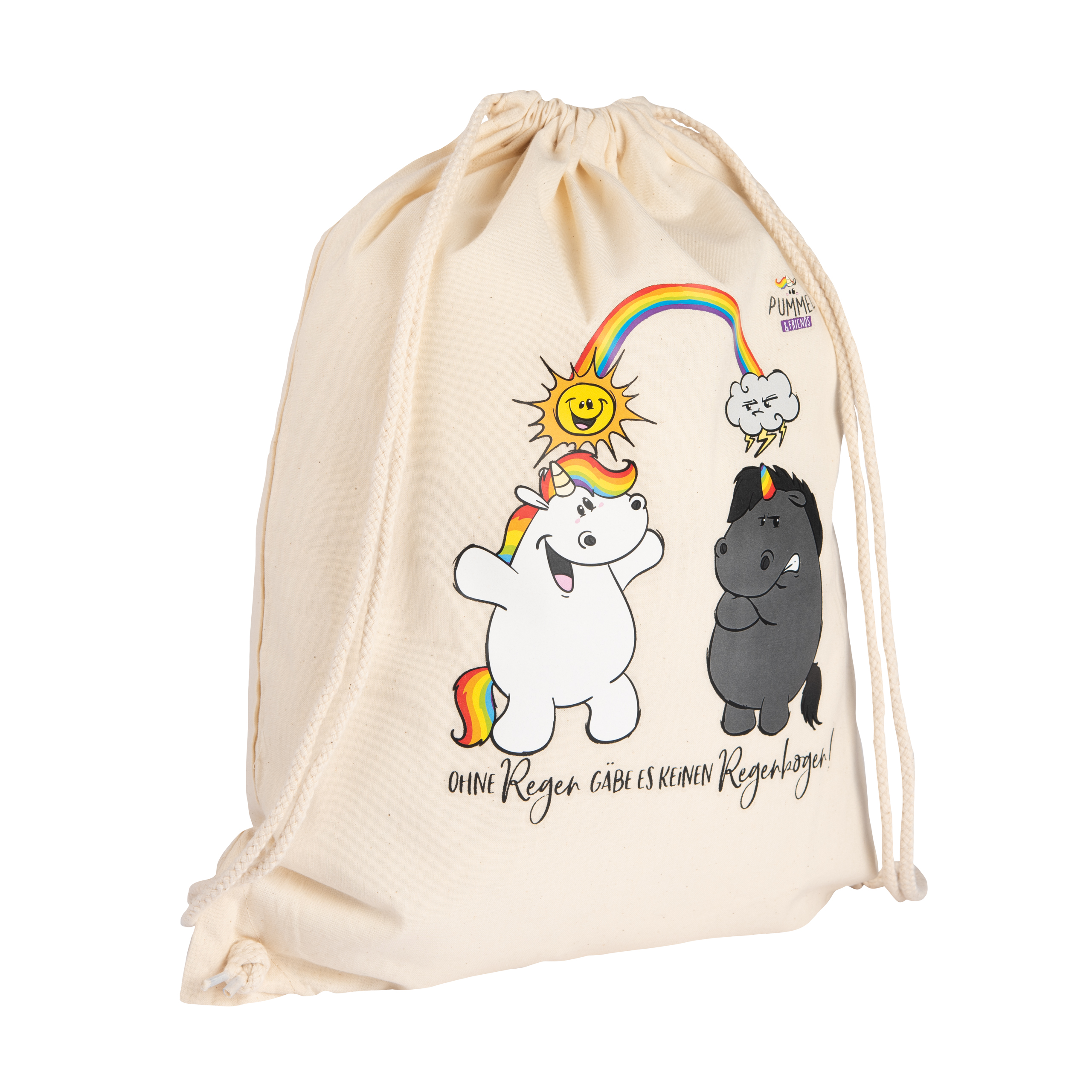 Kordelzugbeutel mit zwei Cartoon-Einhörnern und einem Regenbogen.