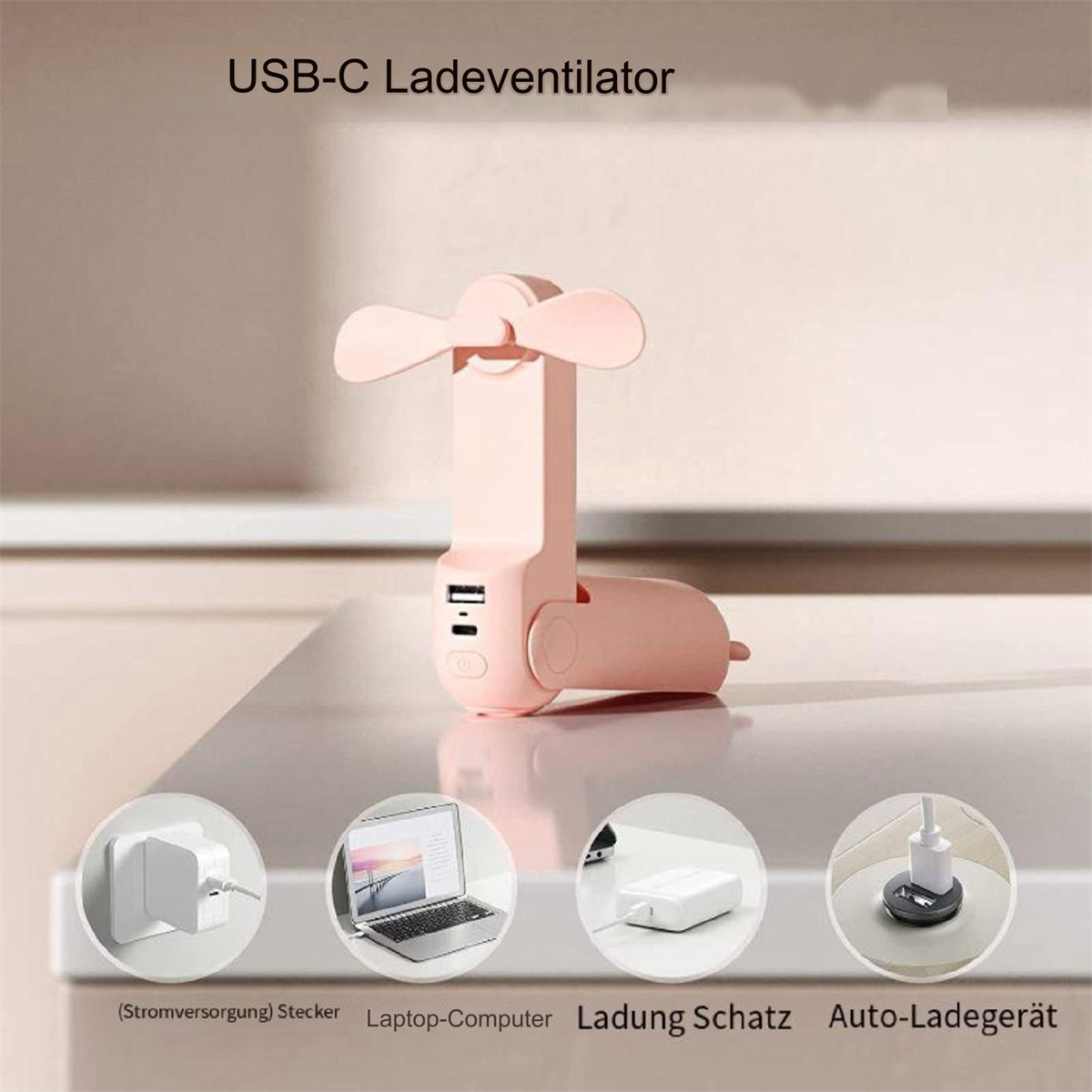 Ein pinkfarbener USB-C-Ventilator mit verschiedenen Stromversorgungsoptionen.