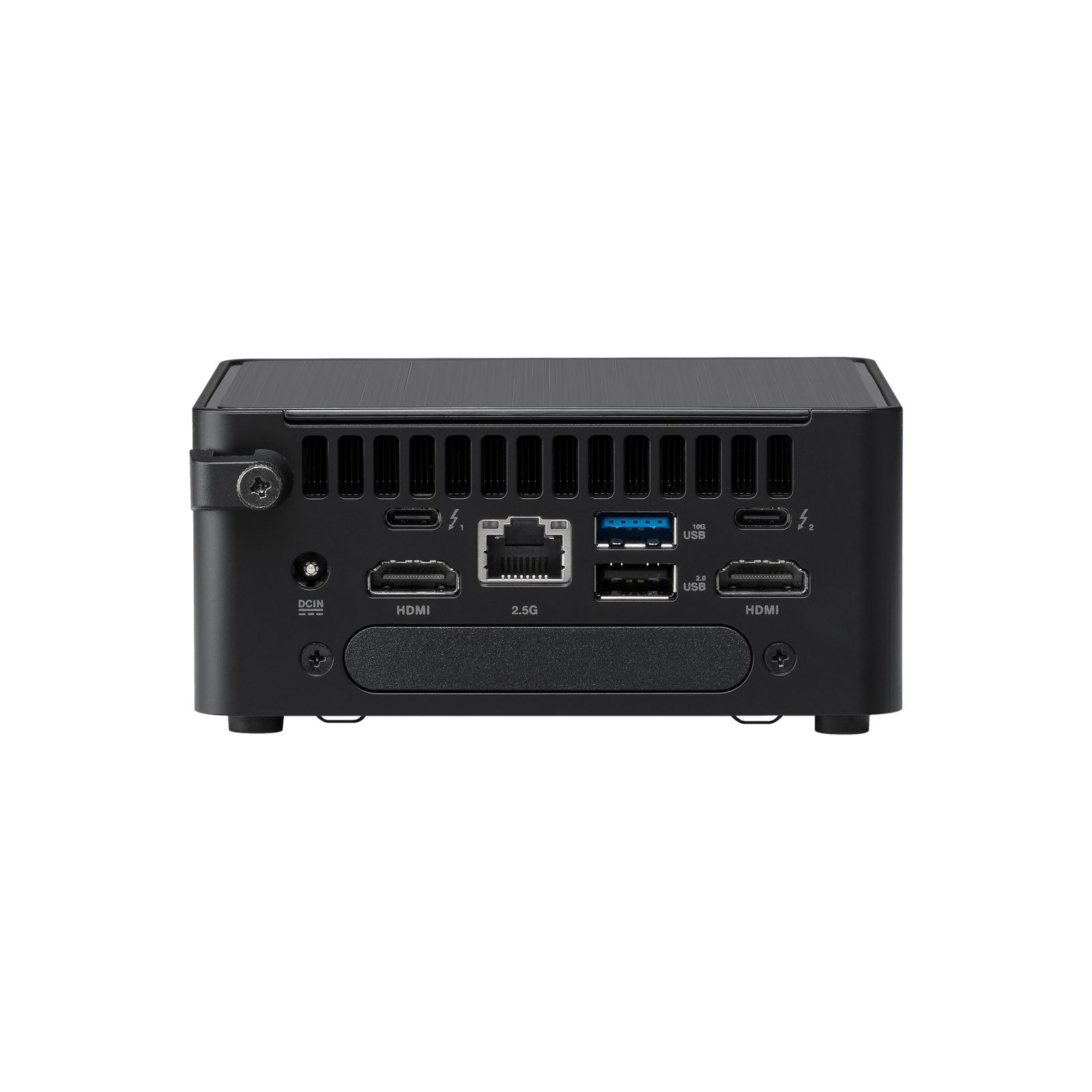 Widok z tyłu małego czarnego komputera z wieloma portami, oznaczonymi jako HDMI, USB i 2.5G.
