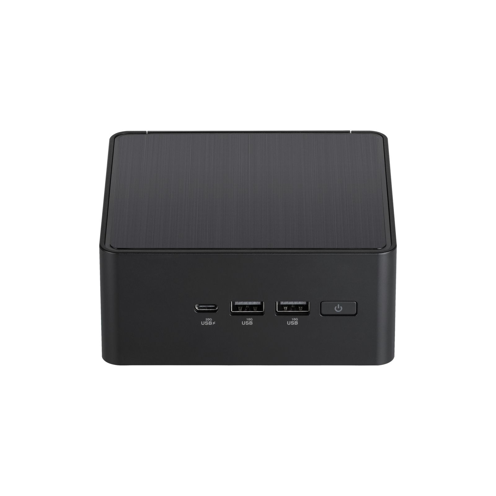 Czarny mini komputer z portami USB i przyciskiem zasilania.