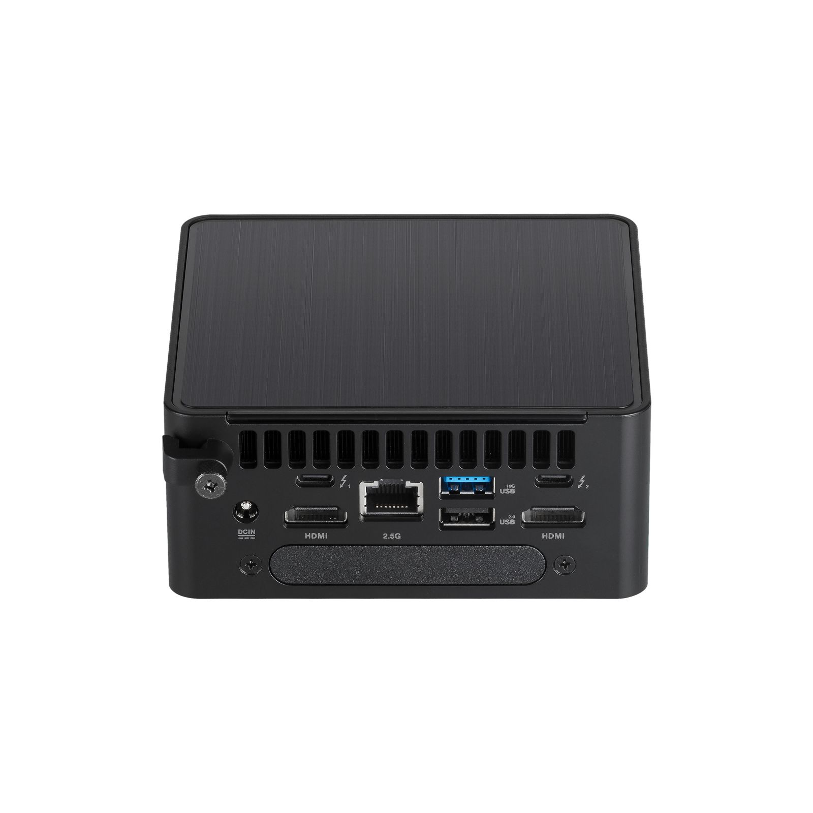 Czarny mini komputer, widok z tyłu z portami do łączności. Zawiera HDMI, USB i 2.5G.