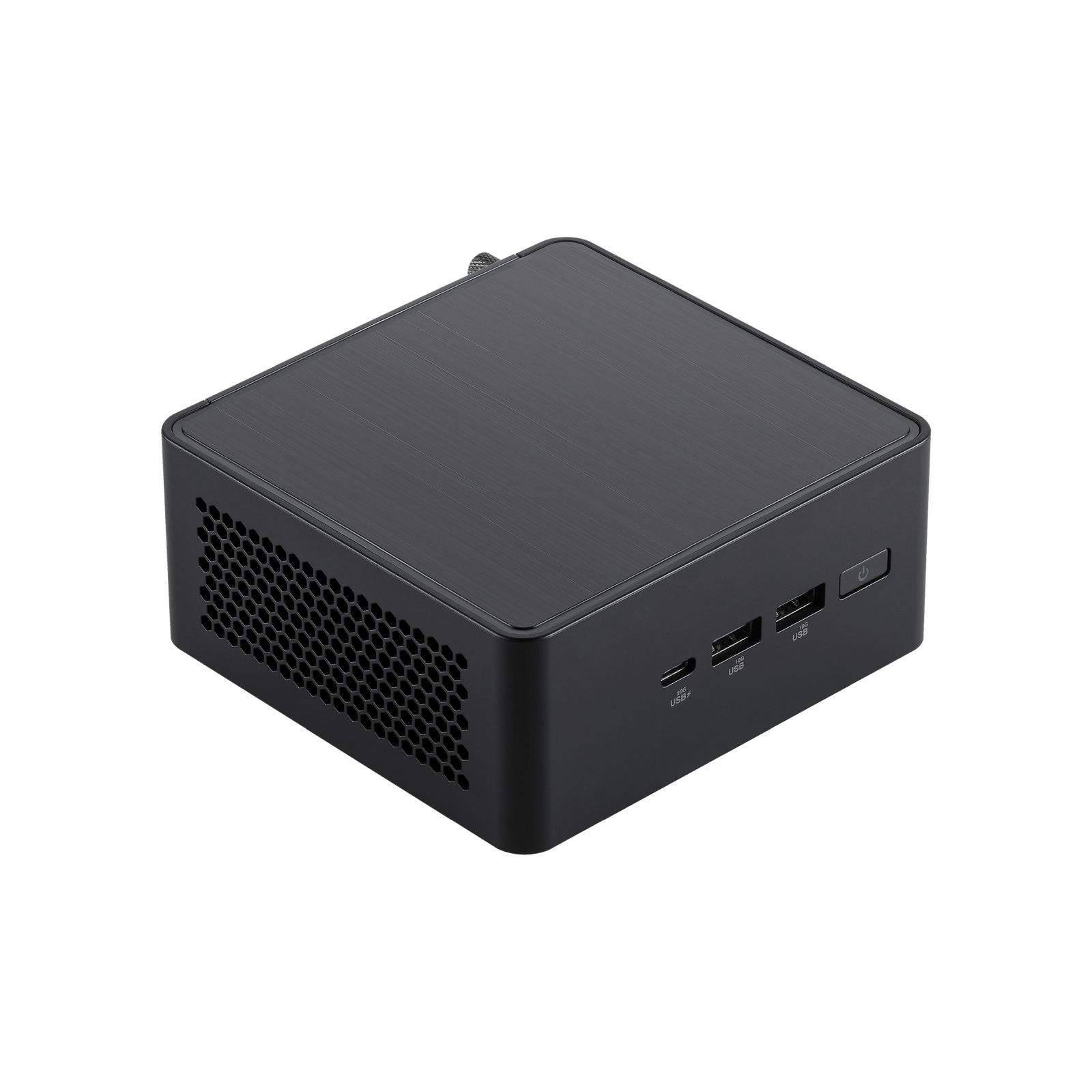 Czarny, kwadratowy mini PC z portami USB i przyciskiem zasilania.