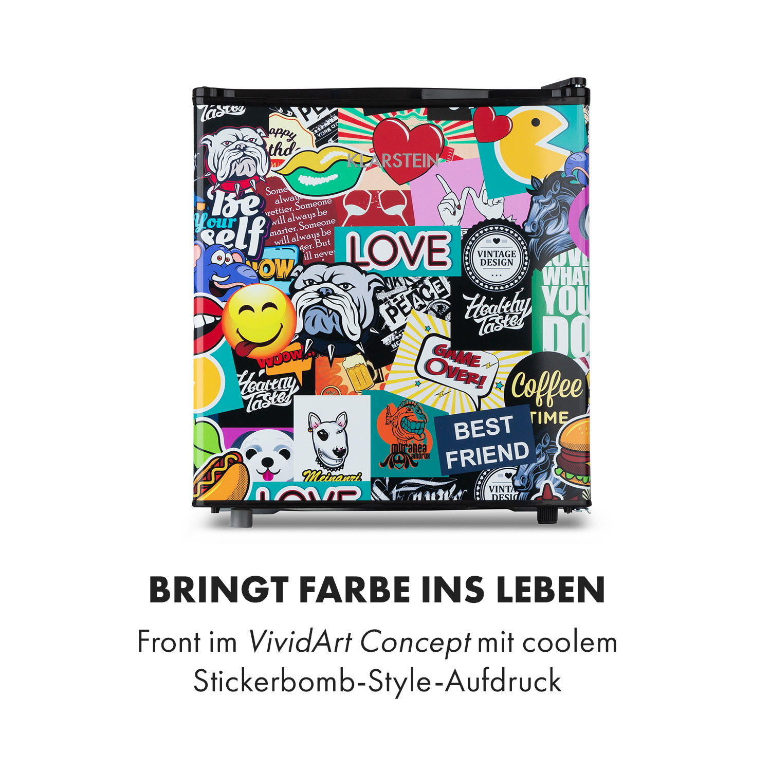 Minikühlschrank mit buntem Stickerbomb-Design. Mit Text: Bring Farbe ins Leben.