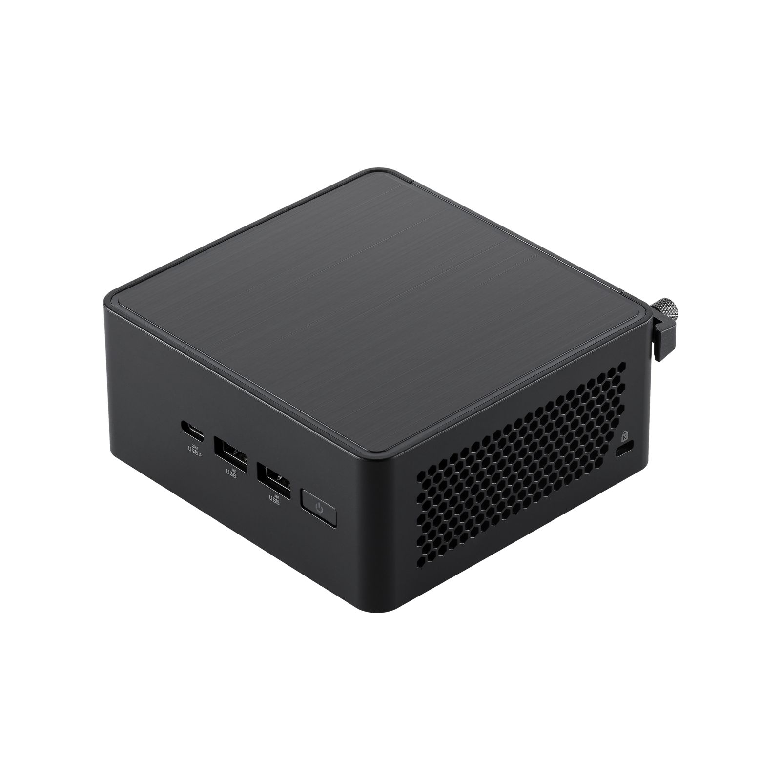 Czarny mini PC z wieloma portami USB, bocznym przyciskiem i kratkami wentylacyjnymi.