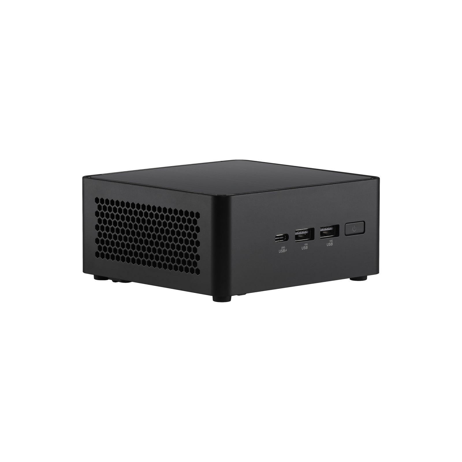 Czarny mini PC z wentylacją o strukturze plastra miodu i kilkoma portami USB.