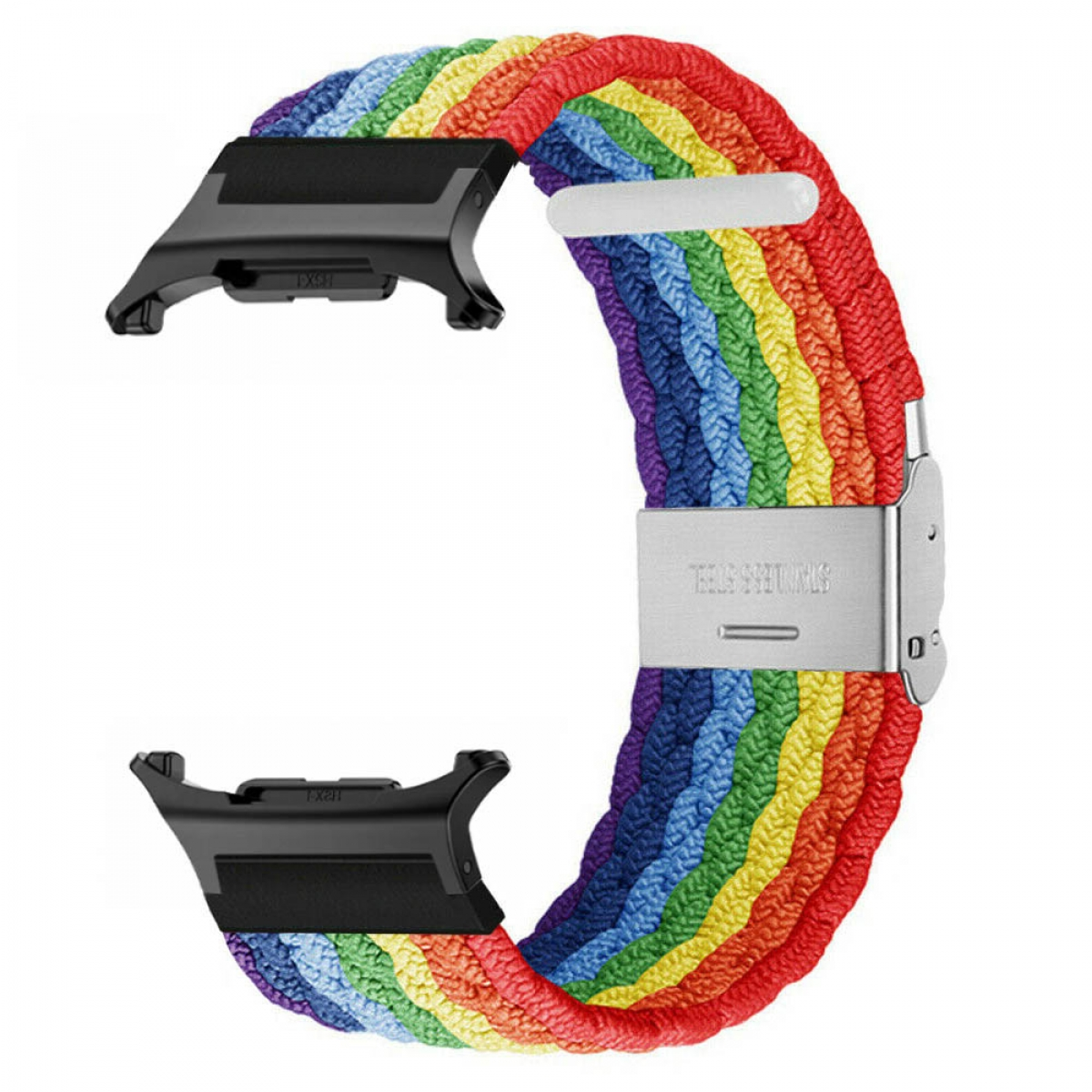 Regenbogenfarbenes Uhrenarmband mit Edelstahlverschluss. Farben: Rot, Orange, Gelb, Grün, Blau, Lila.
