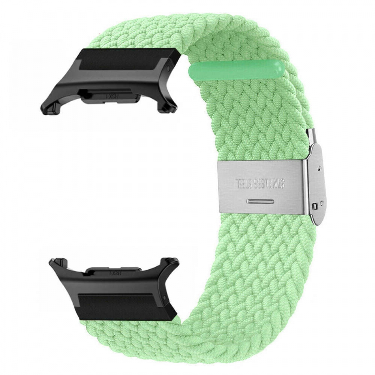 Geflochtenes mintgrünes Uhrenarmband mit schwarzen Verschlüssen und einer Edelstahlschnalle.
