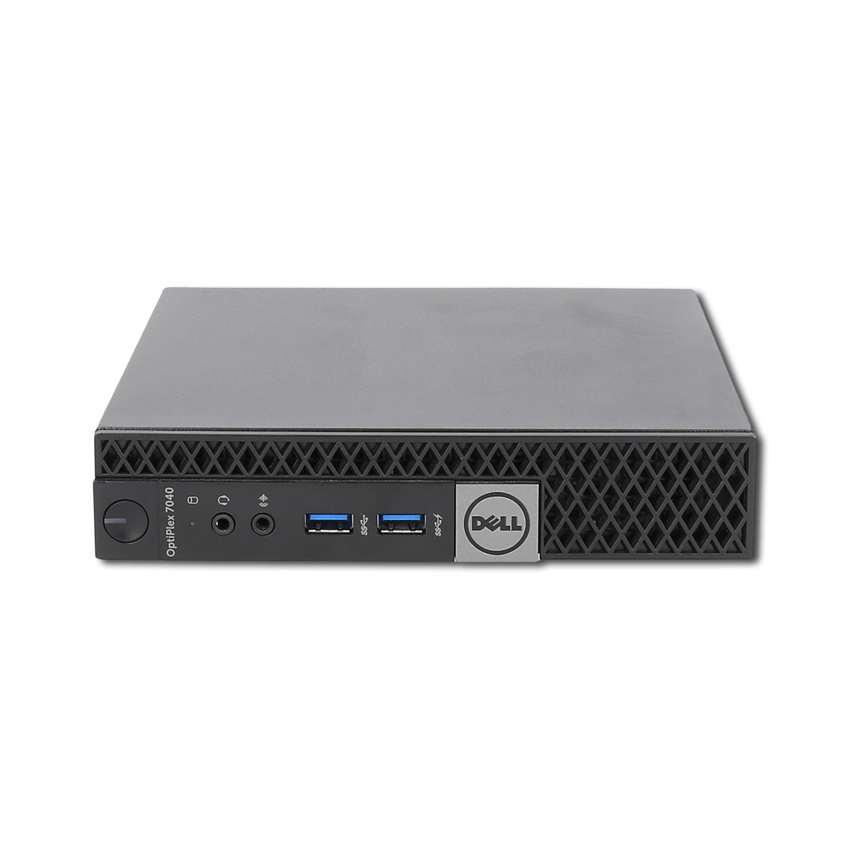 Schwarzer Dell OptiPlex 7040 Desktop-Computer. Vorderansicht zeigt Anschlüsse, Ein/Aus-Taste und Dell-Logo.