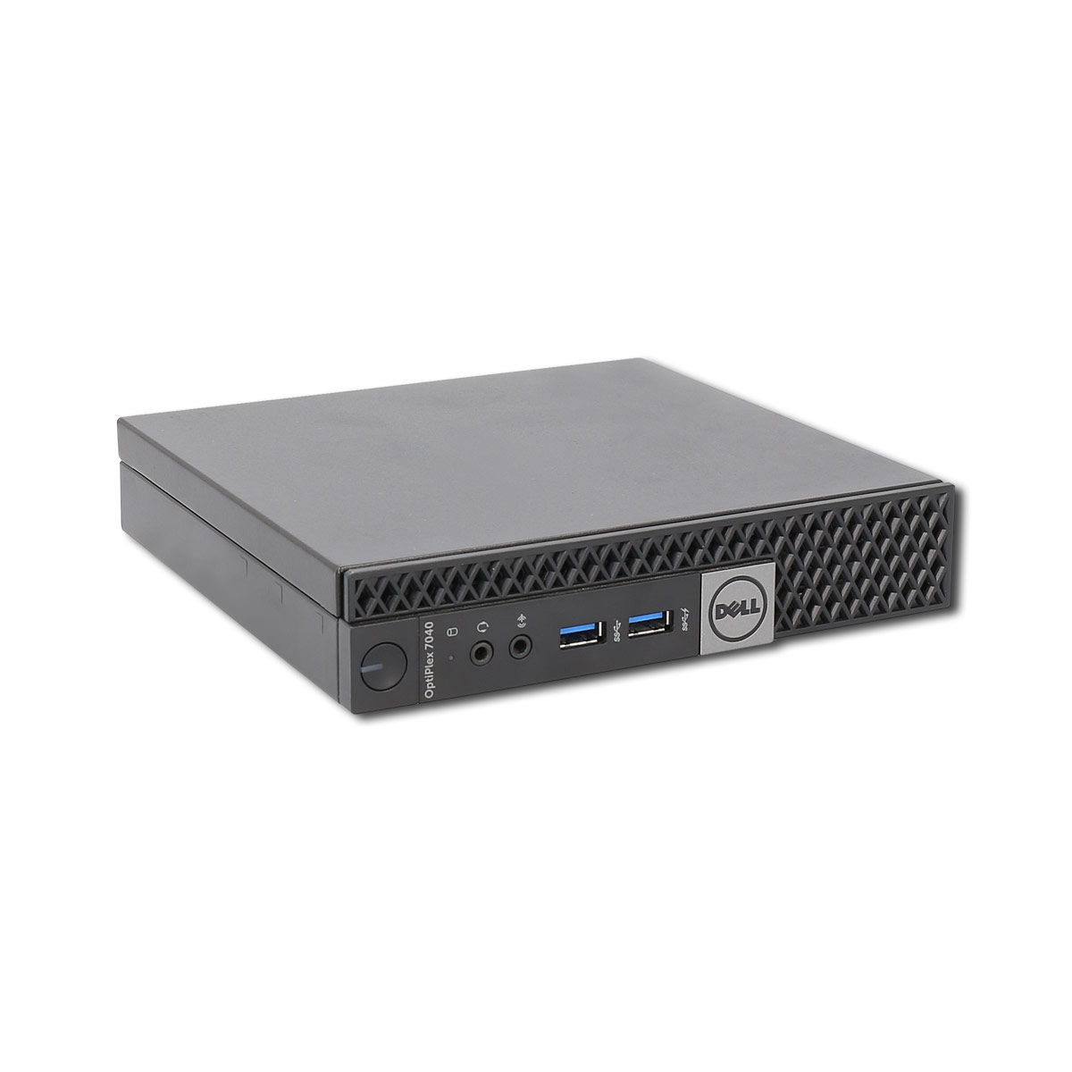 Ein Dell OptiPlex 7040 Mini-PC auf weißem Hintergrund. Es hat mehrere Anschlüsse.
