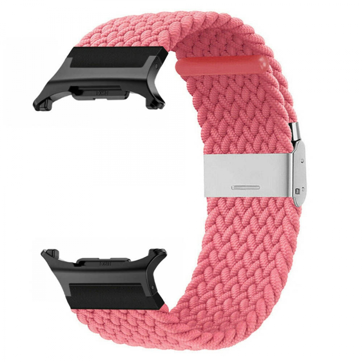 Rosafarbenes geflochtenes Uhrenarmband mit schwarzen Uhrenanschlüssen und silberner Schließe. Das Armband ist geschlungen.