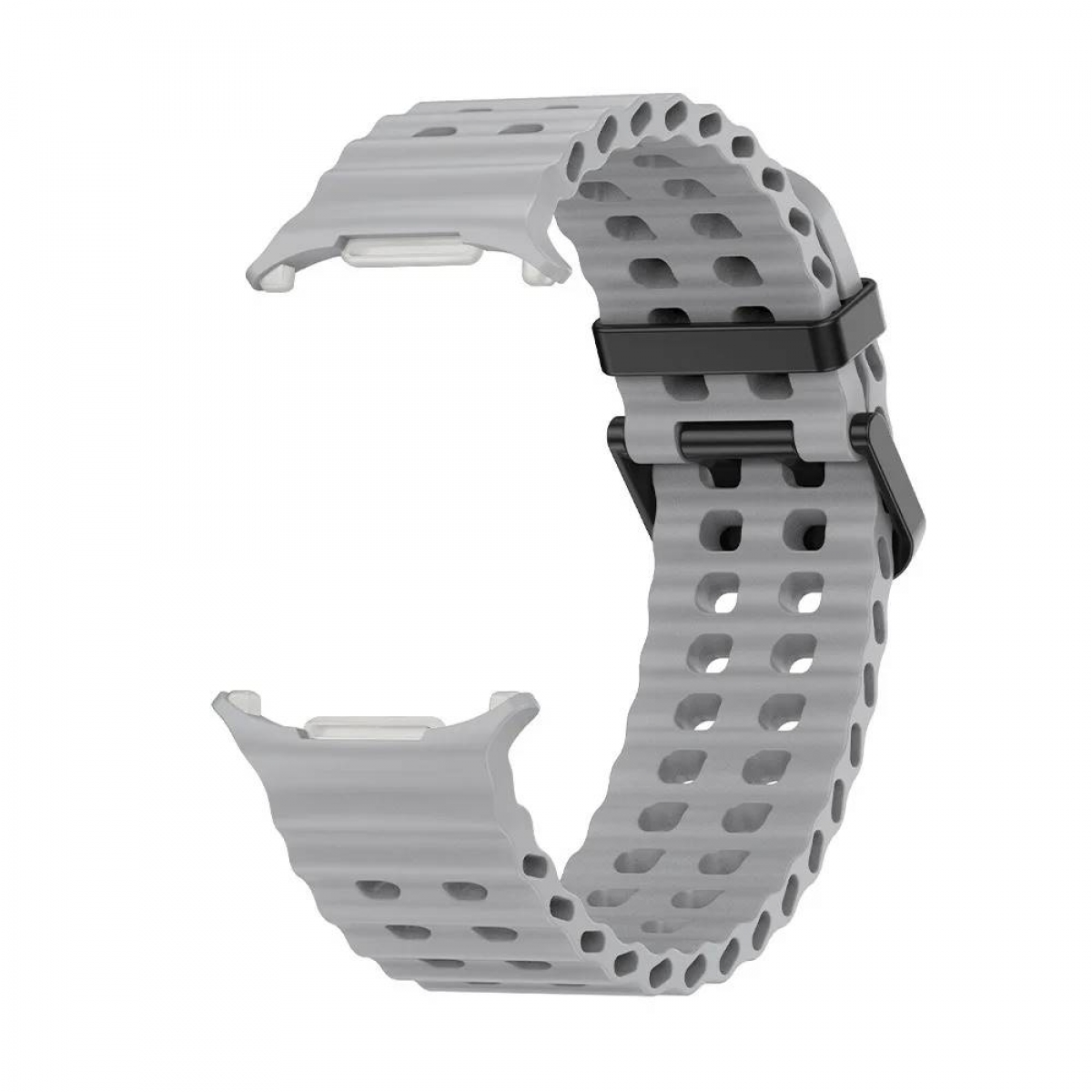Graues Smartwatch-Armband mit Löchern und schwarzer Schnalle, isoliert.