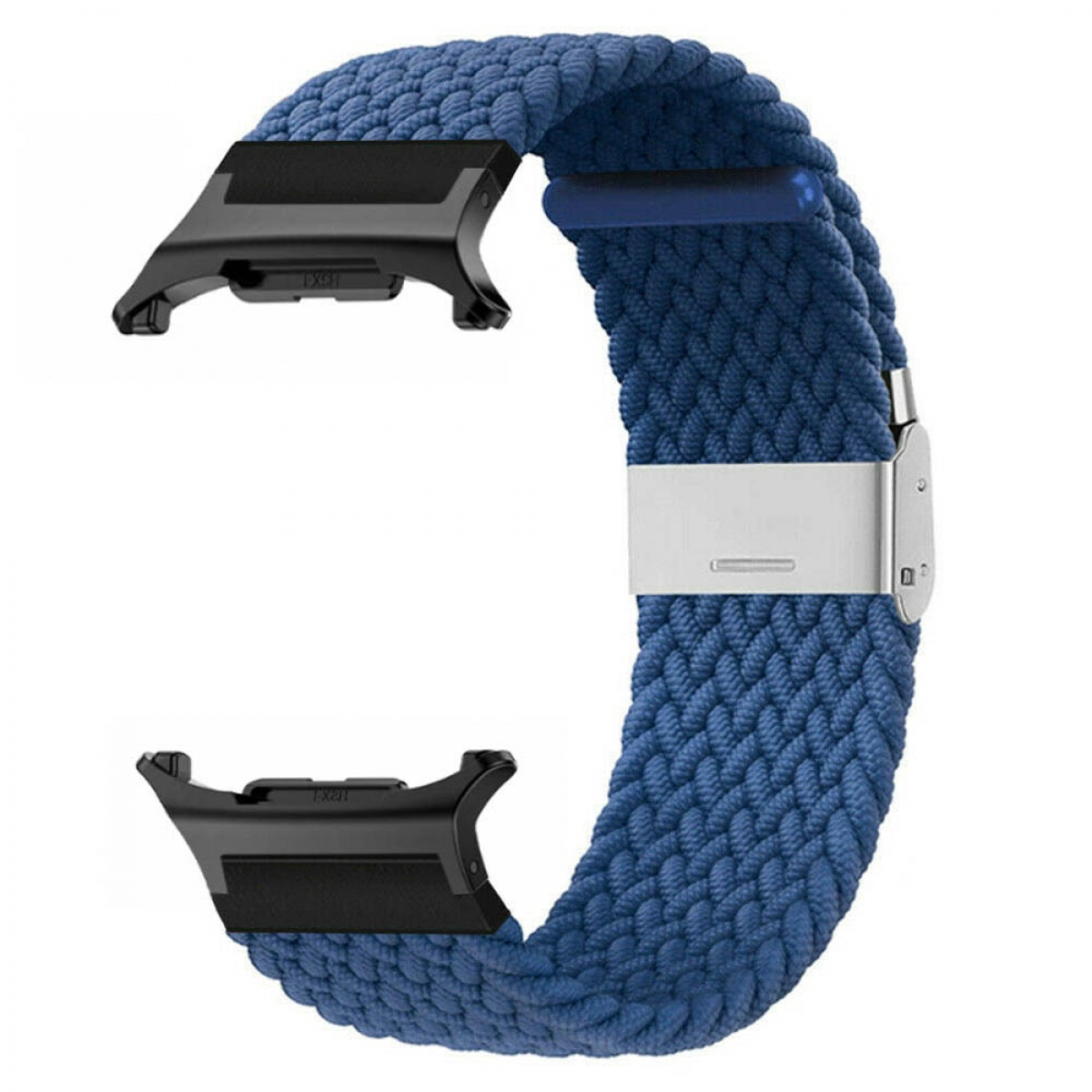 Blaues geflochtenes Uhrenarmband mit schwarzen Anschlüssen und Metallverschluss.