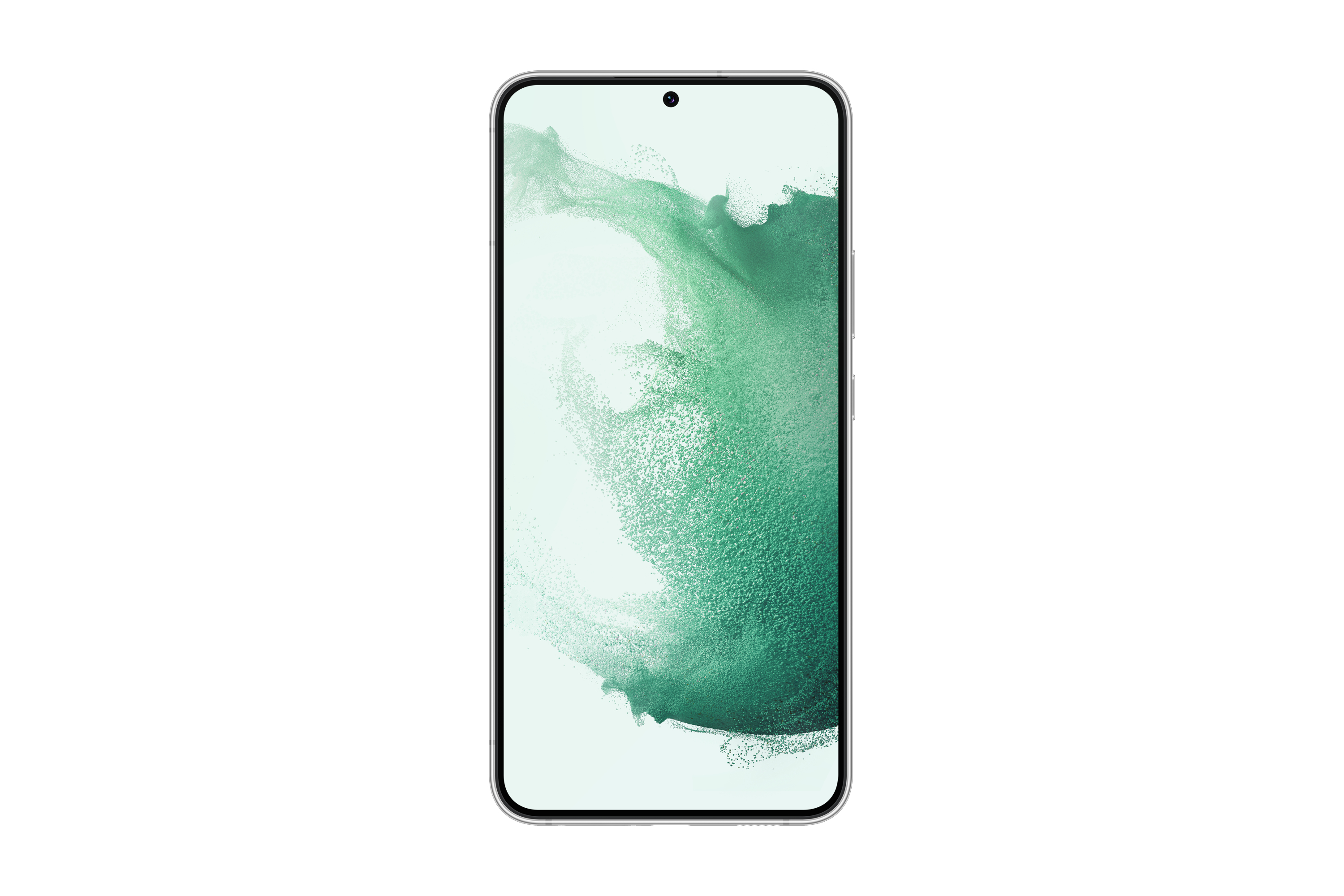 Smartphone moderno con schermo che mostra un'immagine astratta sfocata verde e bianca. Sfondo bianco, cornice argentata.