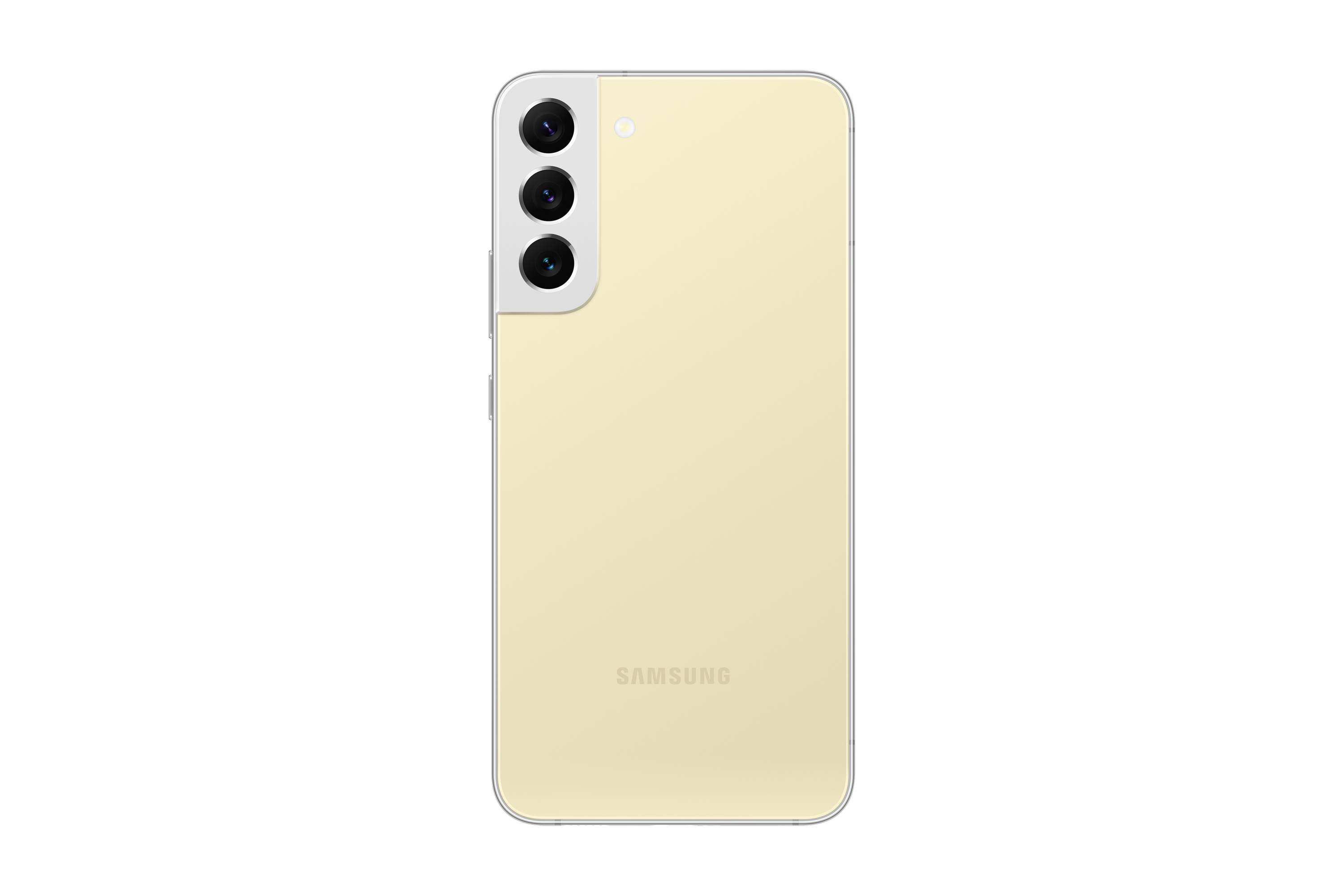 Vista posteriore di un telefono Samsung giallo con tre fotocamere posteriori e il logo Samsung.