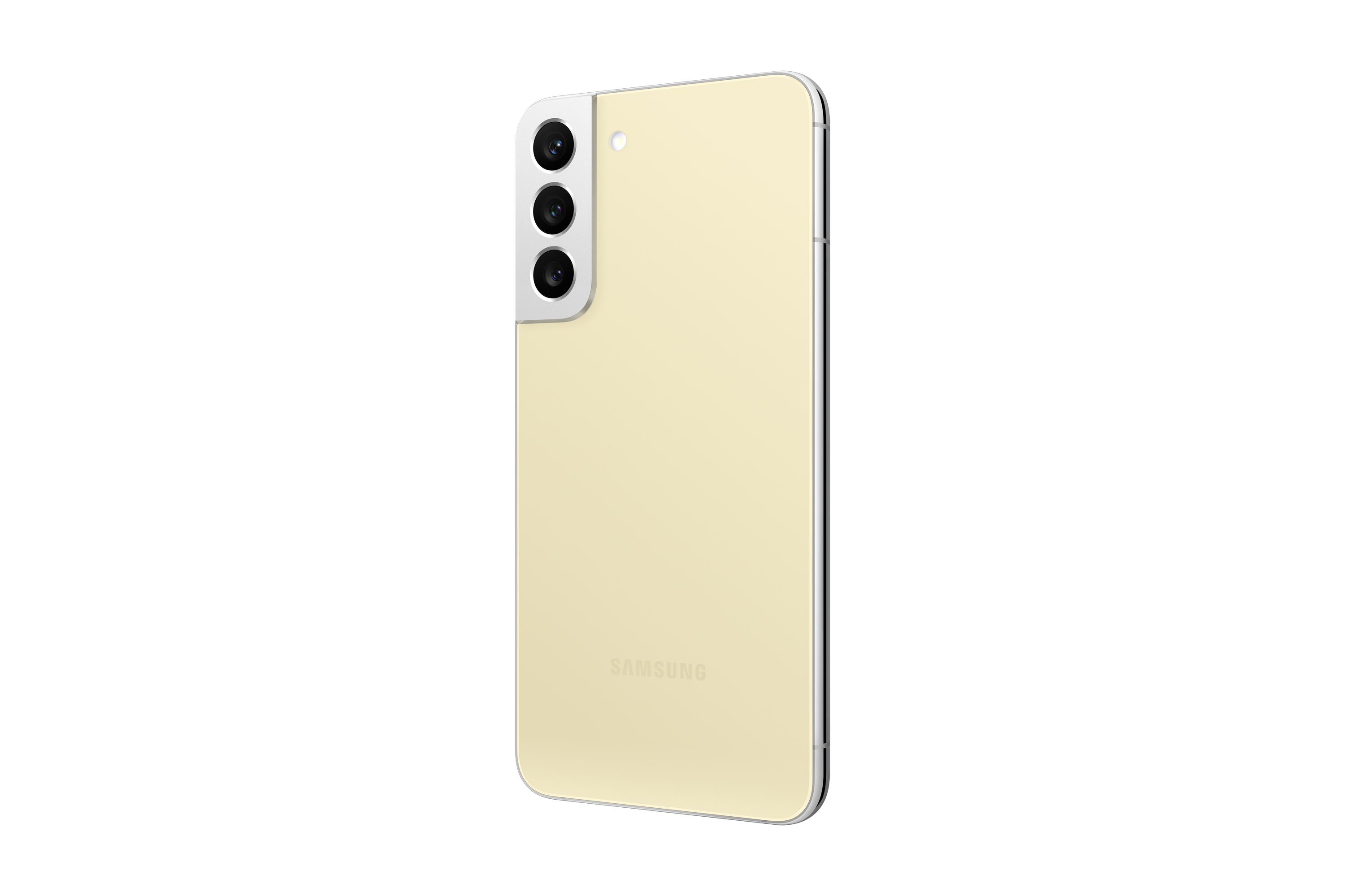 Un telefono Samsung color oro, con tre fotocamere posteriori e un modulo fotocamera bianco.