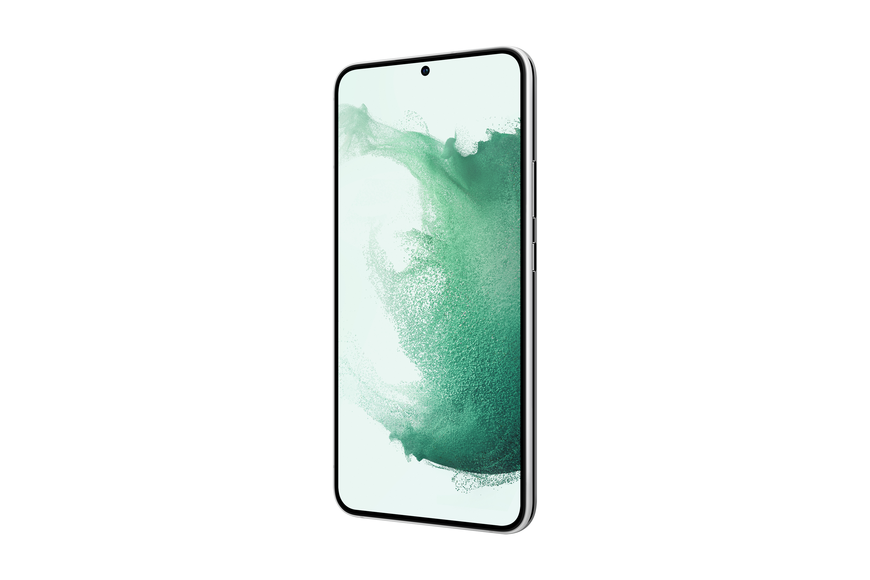 Uno smartphone con schermo verde. È su sfondo bianco.