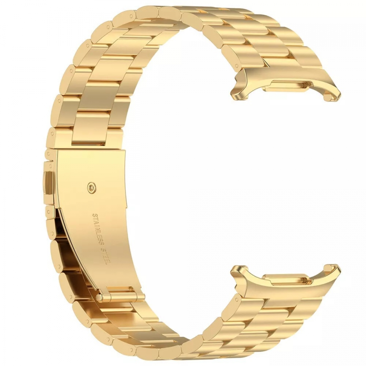 Ein goldenes Edelstahl-Armband. Es ist gebogen und hat einen Verschluss.