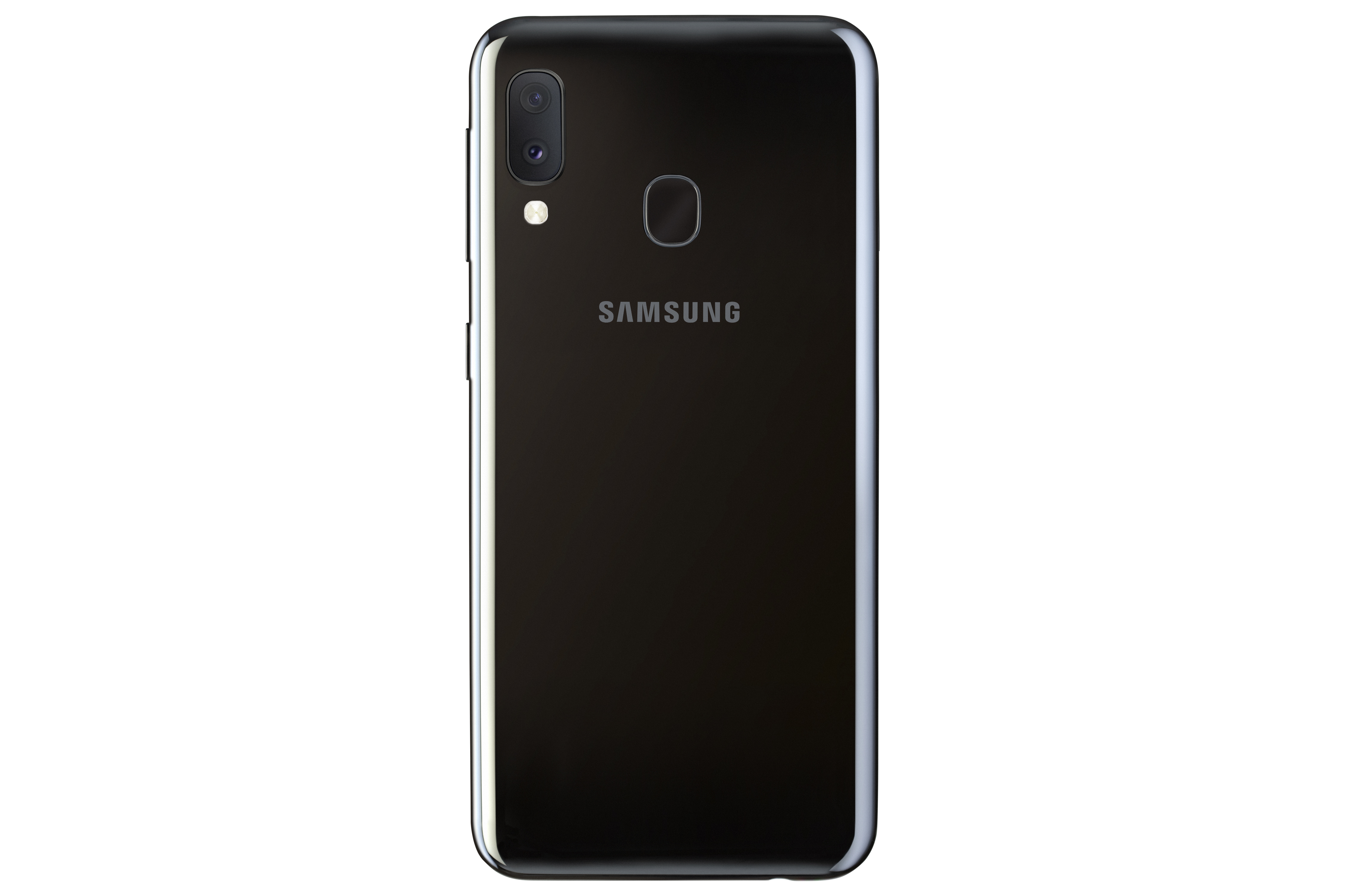 Un teléfono Samsung negro que muestra su parte trasera con cámara dual y el logotipo de SAMSUNG.