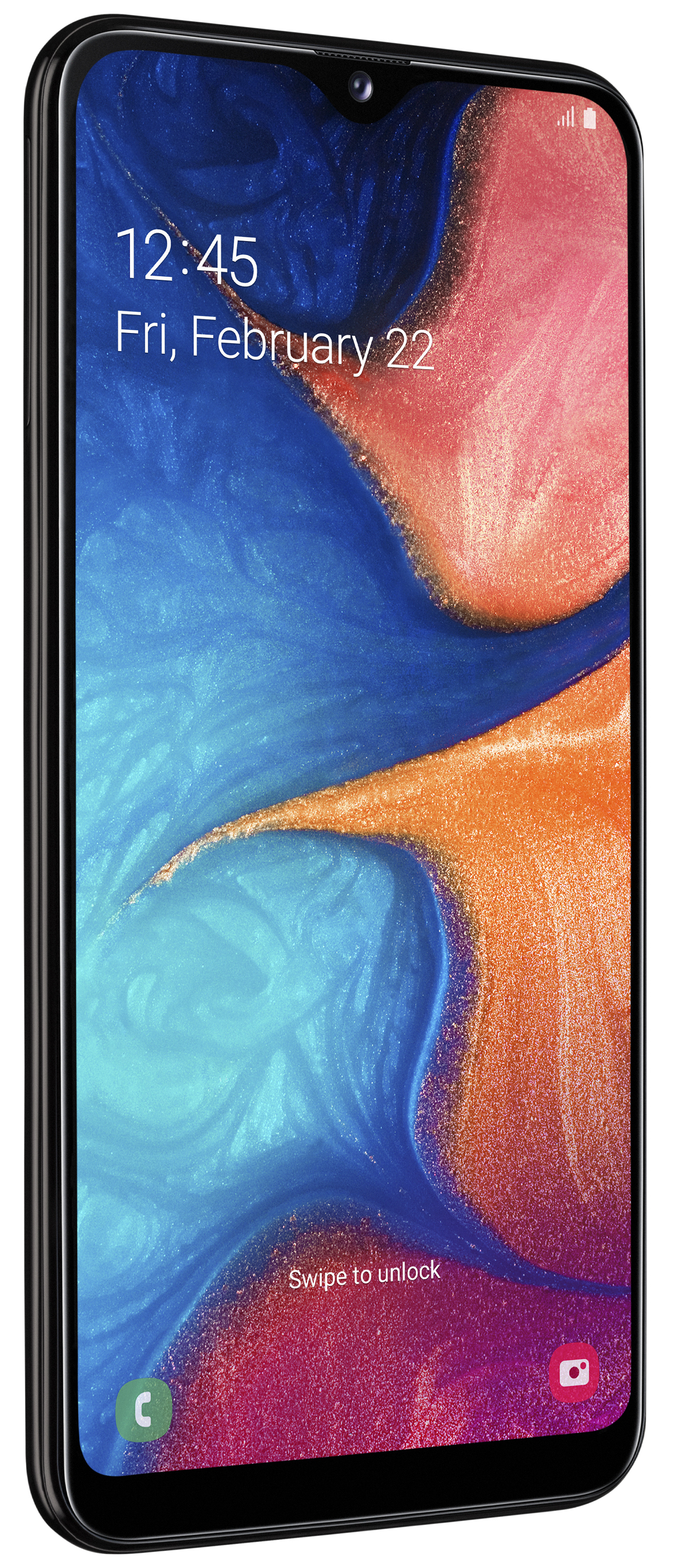 Teléfono Samsung, bisel negro, mostrando una pantalla de inicio con hora y fecha. Fondo blanco.