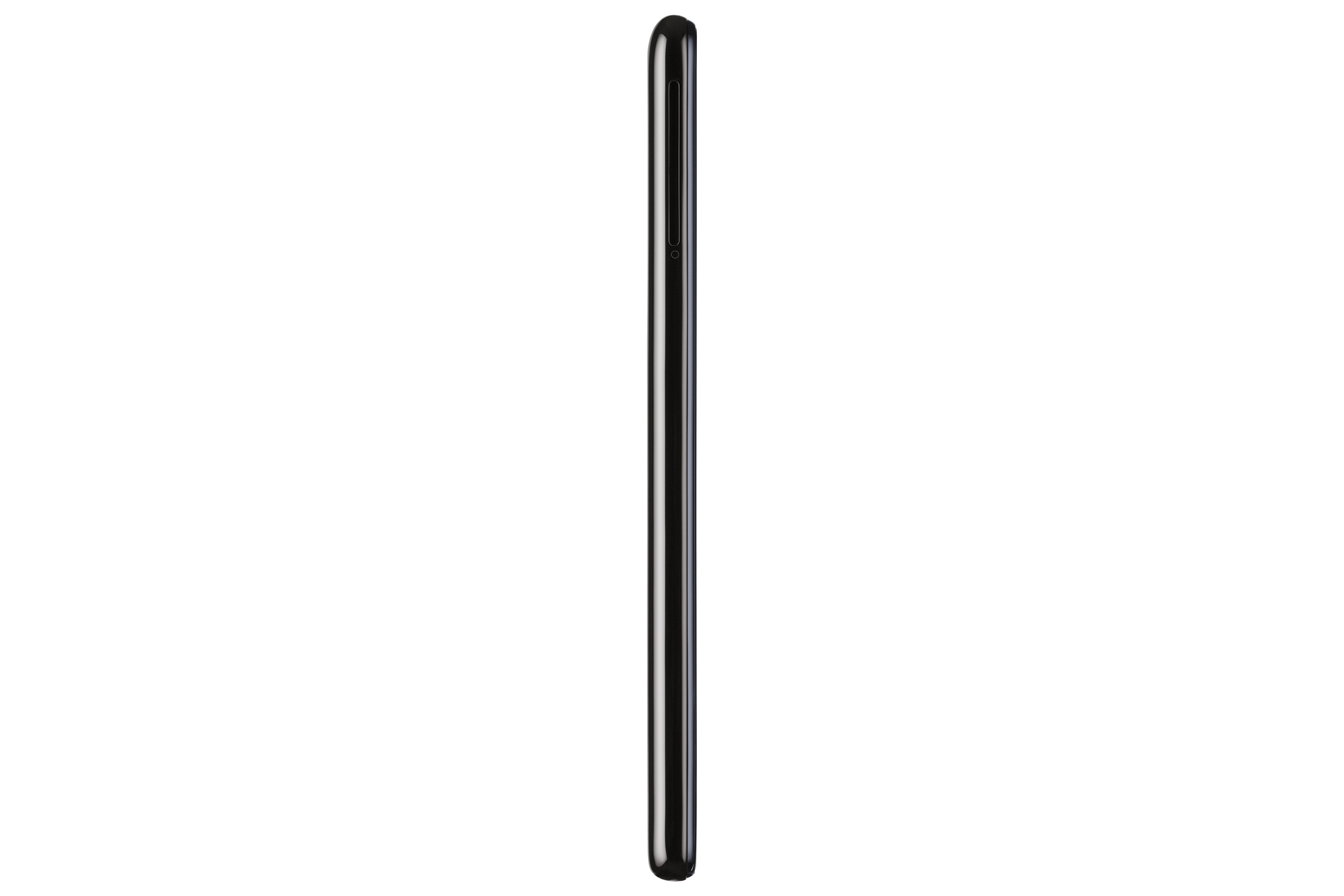 Un smartphone negro visto de lado, mostrando un perfil delgado.